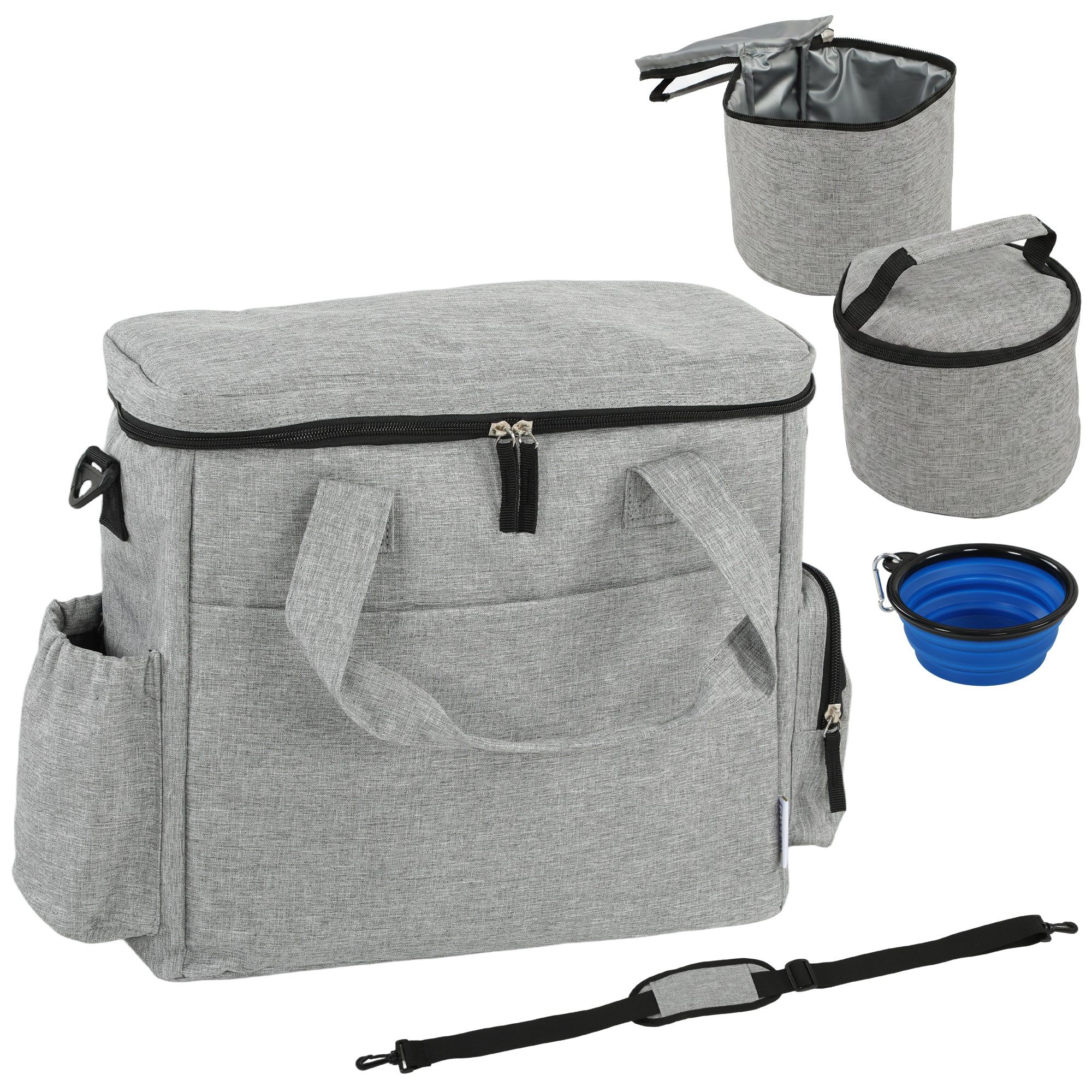 Dog Travel Bag, Dog Walking Bag with Multiple Pockets, Two Food Containers and Silicone Collapsible Bowl, Treat Pouch Bag for Cat Puppy Picnic Camping, Light Grey