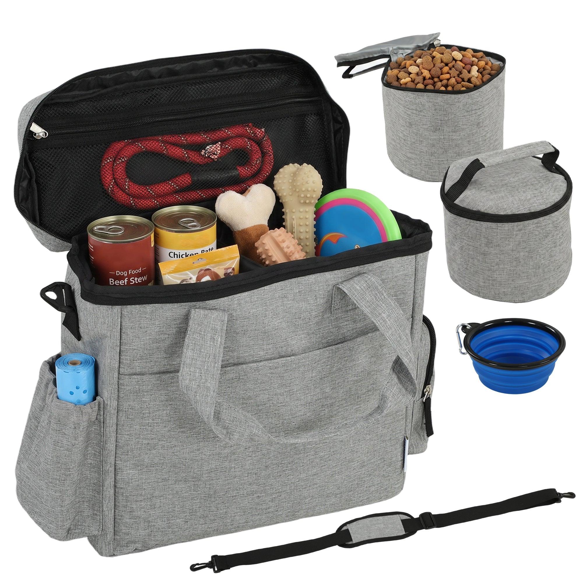 Dog Travel Bag, Dog Walking Bag with Multiple Pockets, Two Food Containers and Silicone Collapsible Bowl, Treat Pouch Bag for Cat Puppy Picnic Camping, Light Grey