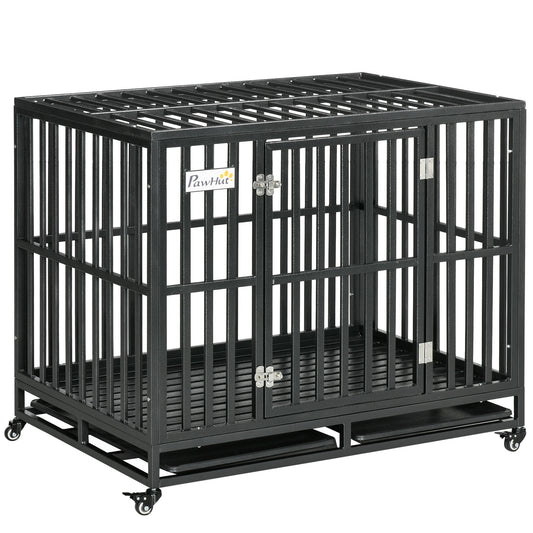 Heavy Duty Steel Dog Crate Kennel Pet Cage with Wheels for Portability and a Door for Convenient Access Anti-Pinching Floor, 40.7"L x 29.5"W x 34.6"H, Black