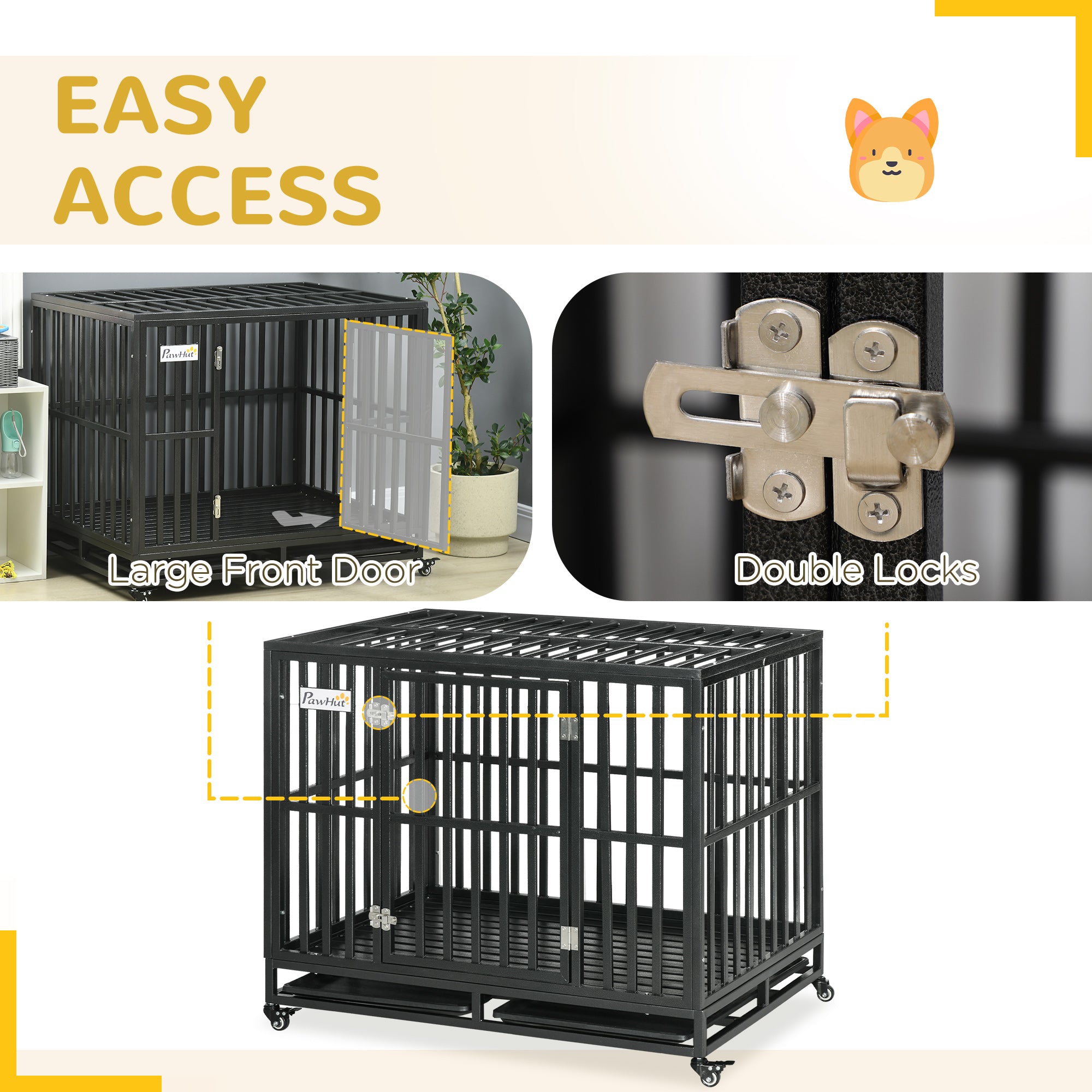Heavy Duty Steel Dog Crate Kennel Pet Cage with Wheels for Portability and a Door for Convenient Access Anti-Pinching Floor, 40.7"L x 29.5"W x 34.6"H, Black