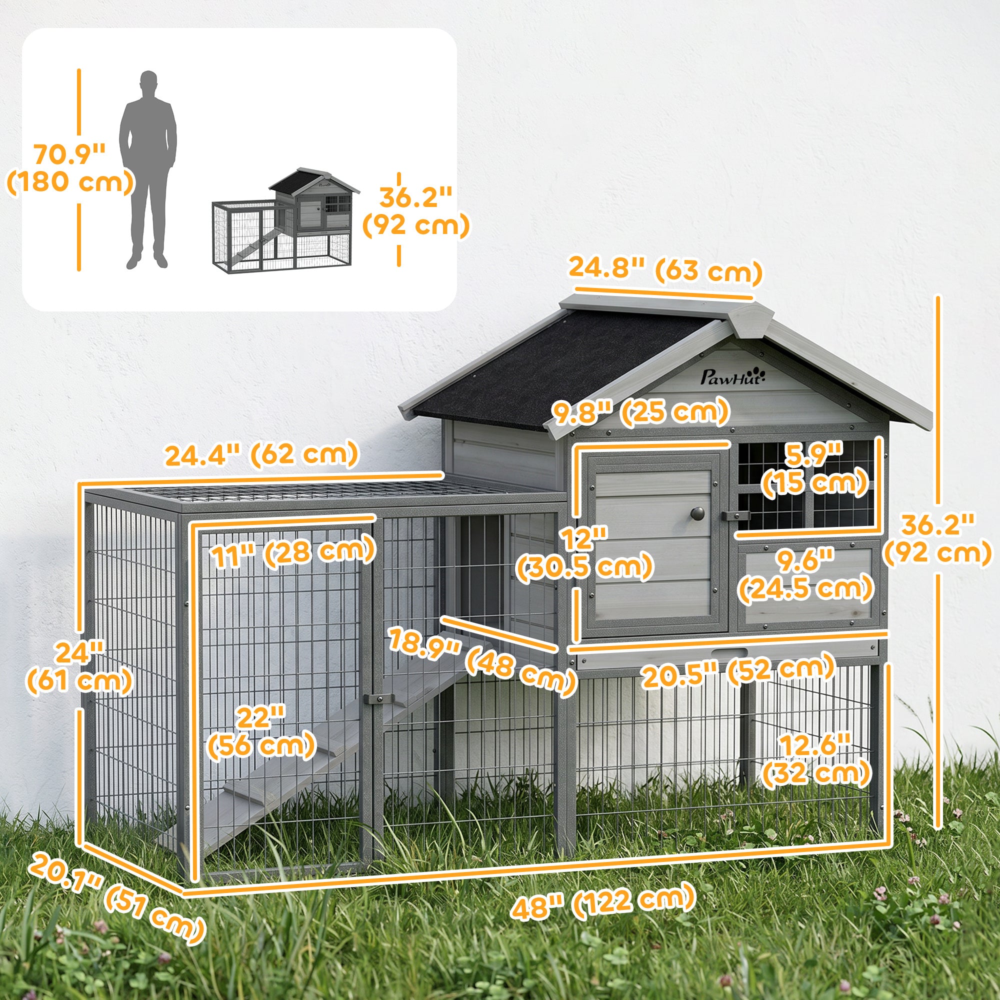 Rabbit Hutch Outdoor, 48"L Large Wooden Bunny Cage with Run, Robust Metal Frame, Removable Plastic Tray, Asphalt Roof, Ramp, Guinea Pig Cage for 1-2 Rabbits, Grey