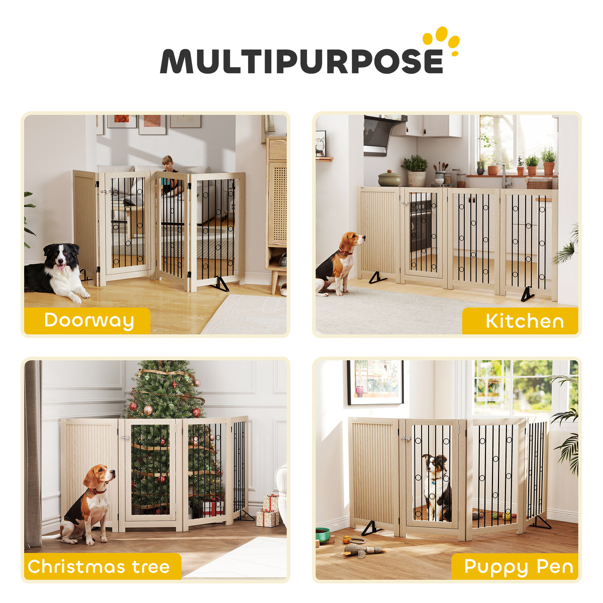 Freestanding Pet Gate, Foldable Dog Gate with Lockable Door, Metal Support Feet & 360° Flexible Hinges, 4 Panel Indoor Dog Barrier for House, Stairs, Doorway, 205 x 30.5 x 91.5 cm, Oak