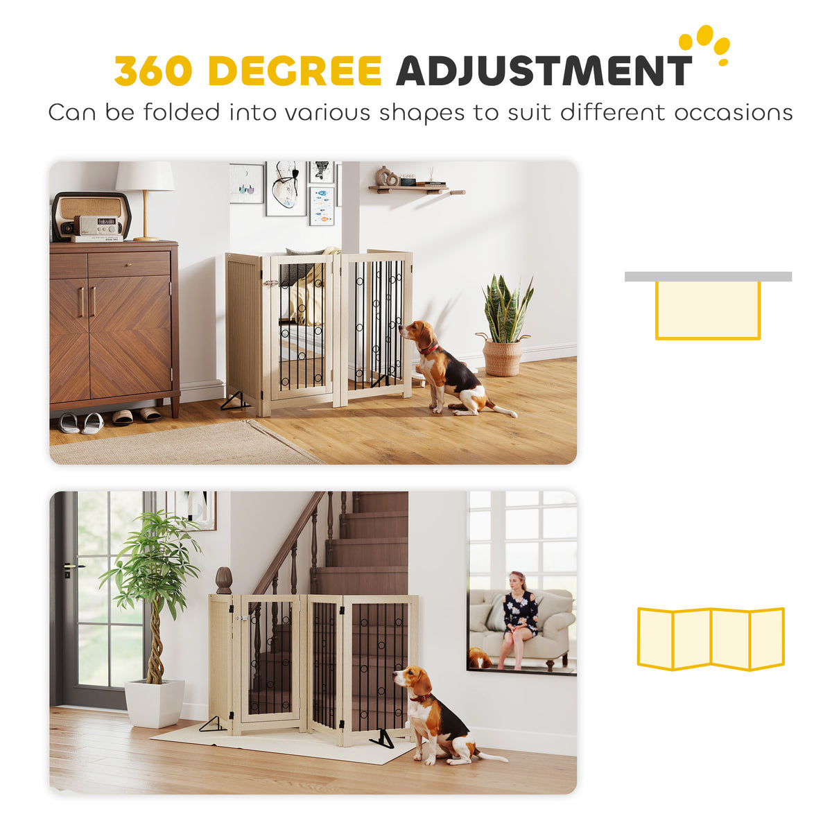 Freestanding Pet Gate, Foldable Dog Gate with Lockable Door, Metal Support Feet & 360° Flexible Hinges, 4 Panel Indoor Dog Barrier for House, Stairs, Doorway, 205 x 30.5 x 91.5 cm, Oak