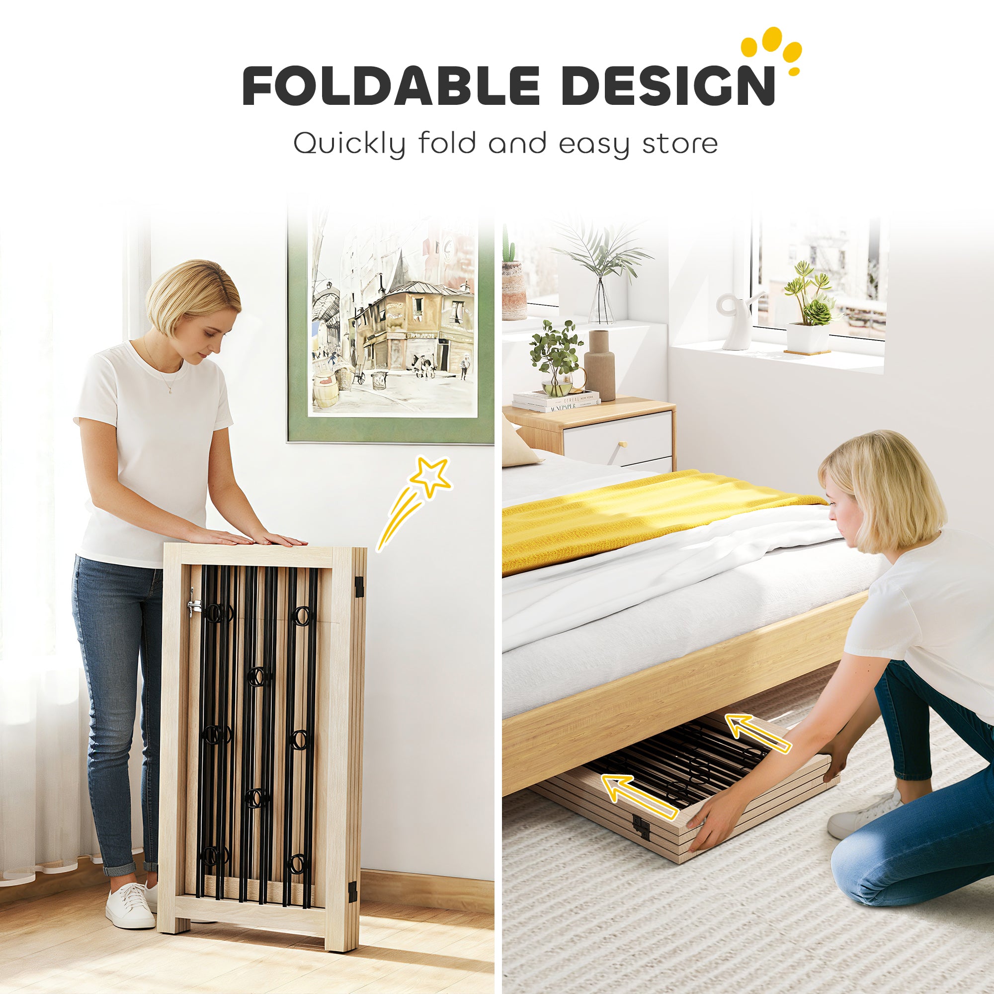 Freestanding Pet Gate, Foldable Dog Gate with Lockable Door, Metal Support Feet & 360° Flexible Hinges, 4 Panel Indoor Dog Barrier for House, Stairs, Doorway, 205 x 30.5 x 91.5 cm, Oak