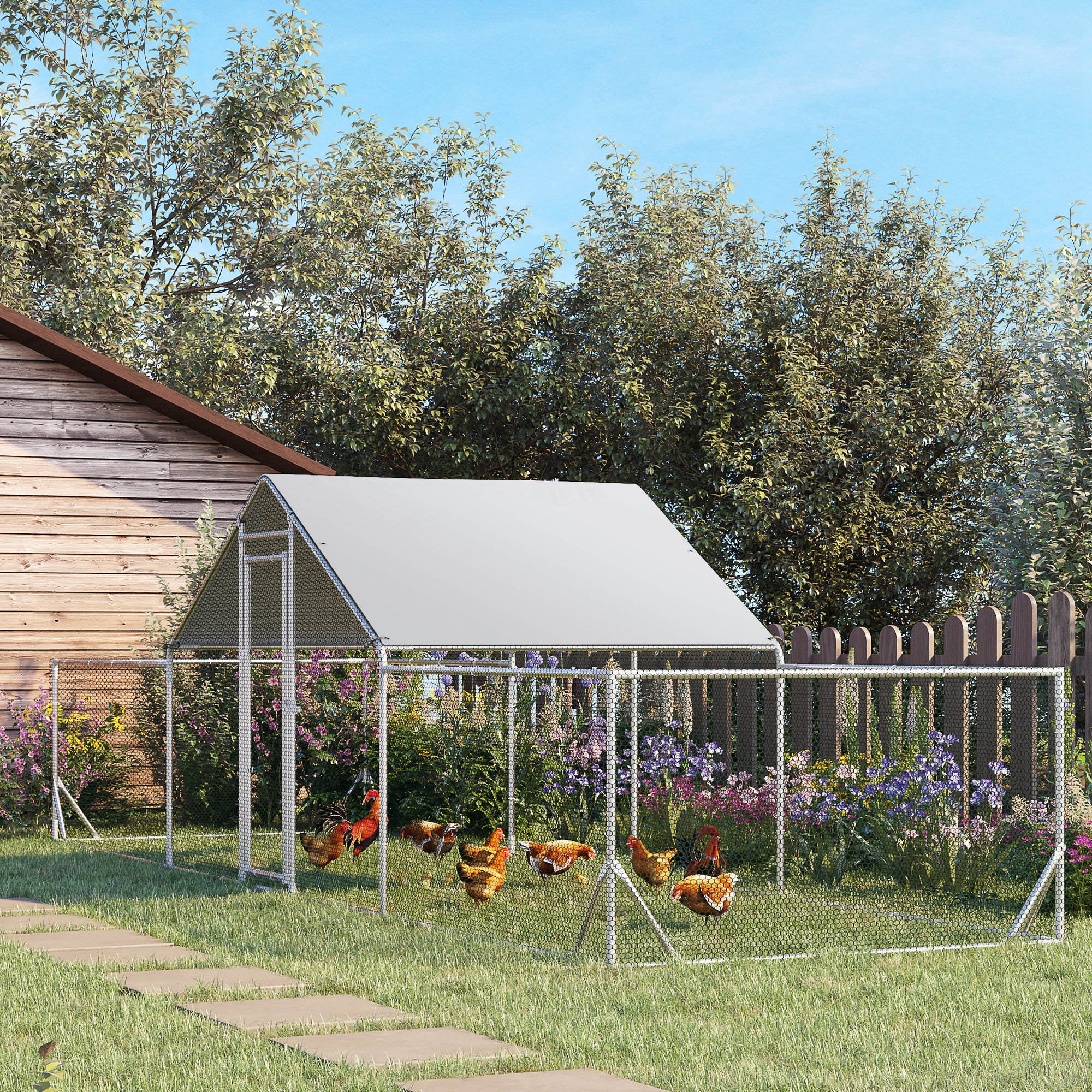 Chicken Run, 23' x 6.6' Metal Chicken Coop with Waterproof and Anti-UV Cover, Spire Roof, Door, for 12-14 Chickens, Ducks, Rabbits, Sliver