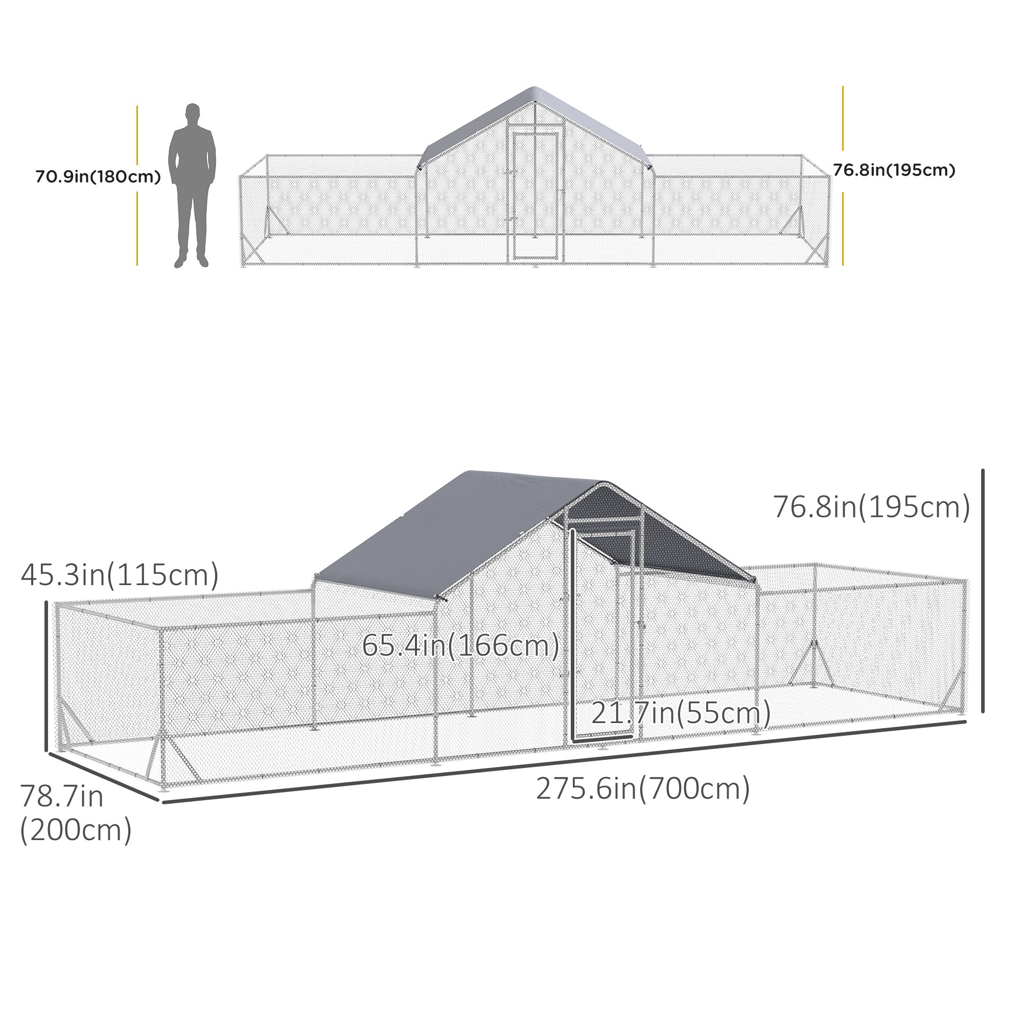 Chicken Run, 23' x 6.6' Metal Chicken Coop with Waterproof and Anti-UV Cover, Spire Roof, Door, for 12-14 Chickens, Ducks, Rabbits, Sliver