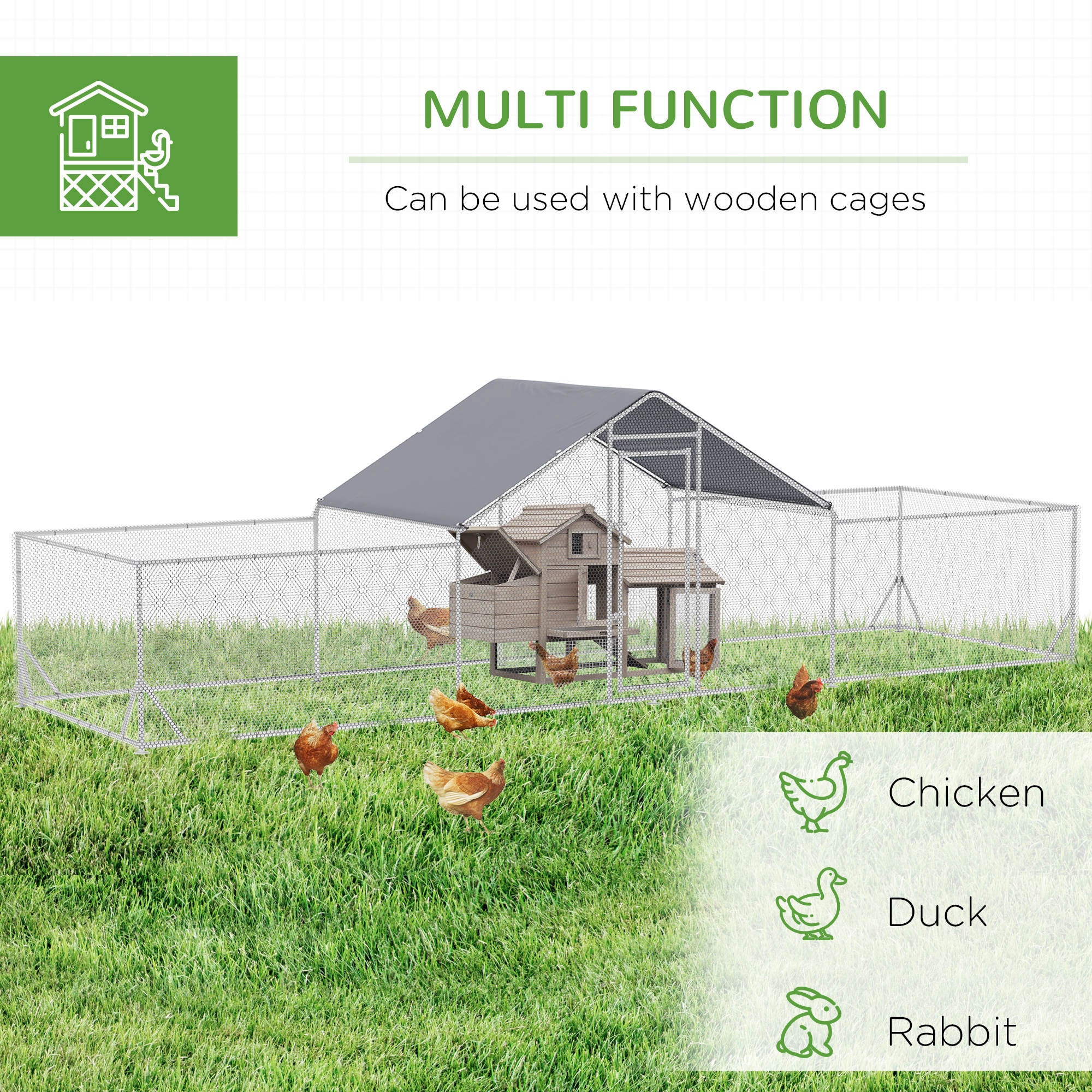 Chicken Run, 23' x 6.6' Metal Chicken Coop with Waterproof and Anti-UV Cover, Spire Roof, Door, for 12-14 Chickens, Ducks, Rabbits, Sliver