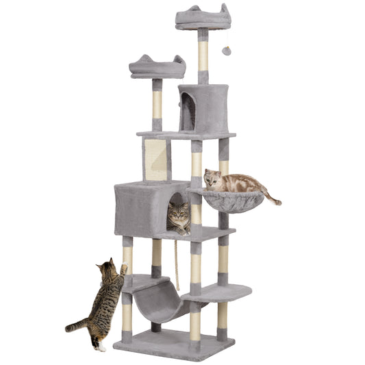 Cat Tower, 81" Cat Tree for Large Cats Adult w/ Scratching Posts, Scratching Board, Cat Condos, Cat Beds, Hammocks, Jumping Platforms, Toy Balls, Rope Cat Toy, Light Grey