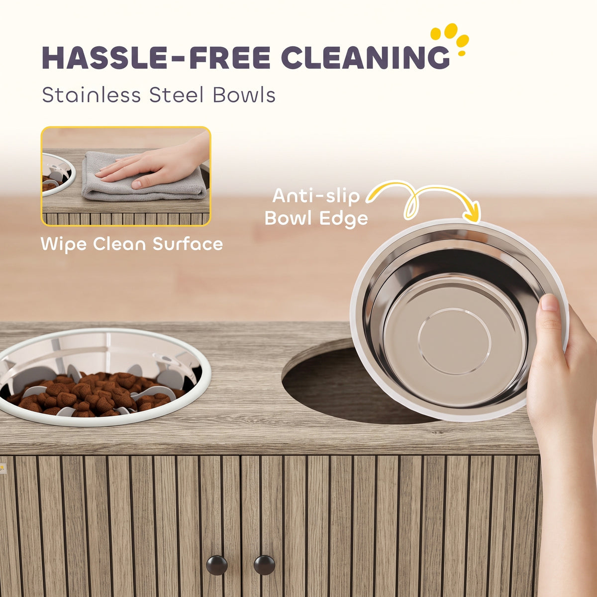 Elevated Dog Bowls with Storage Cabinet, Raised Dog Bowl Stand, Pet Feeding Station with Slow Feeder & Non-Slip, for Large Pets, Brown Wood Grain