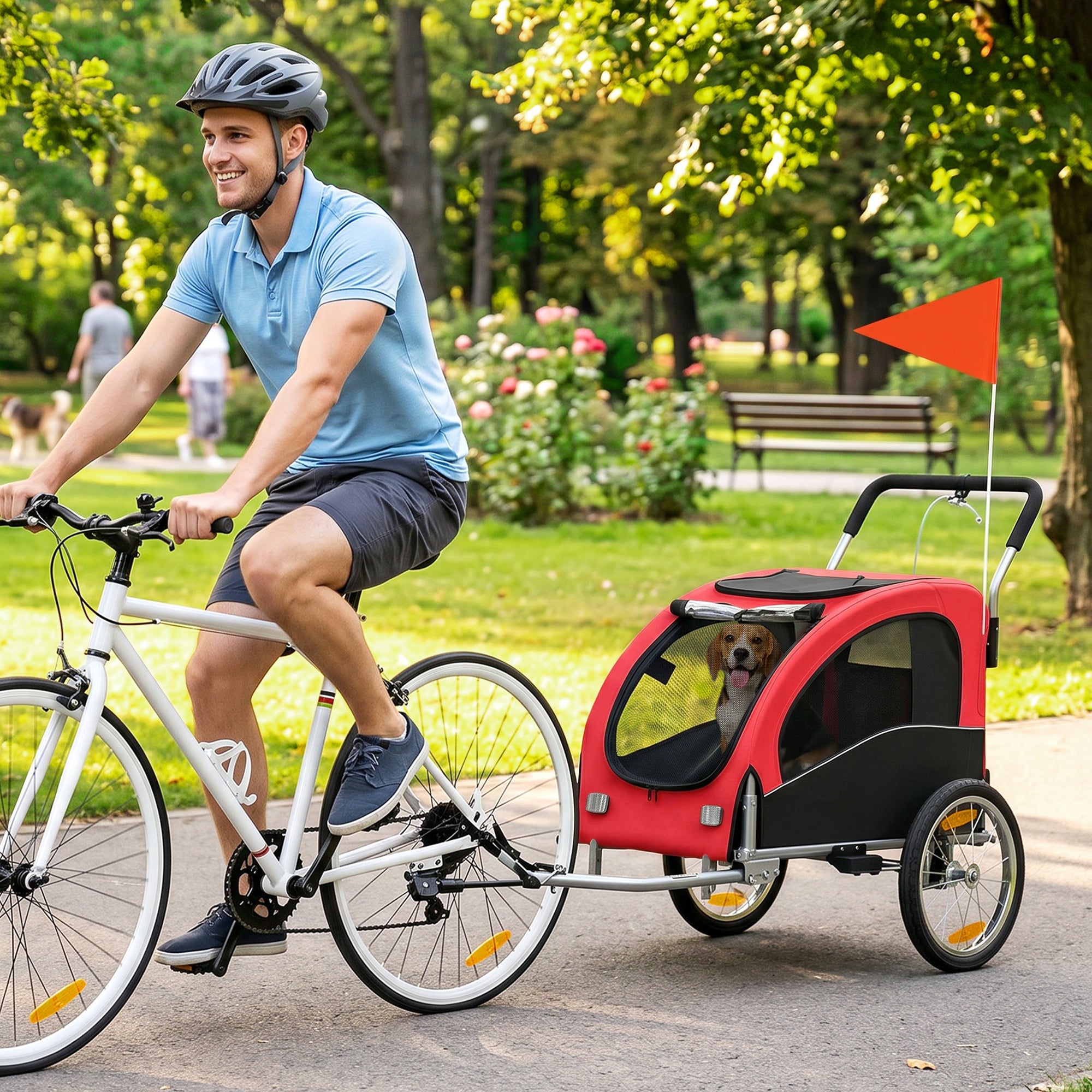 Dog Bike Trailer, 2-in-1 Pet Stroller Cart Bicycle Carrier, Folding Cart Frame with Suspension, Universal Bicycle Coupler, Reflectors, Flag, for Medium Dogs Up to 44 LBS, Red