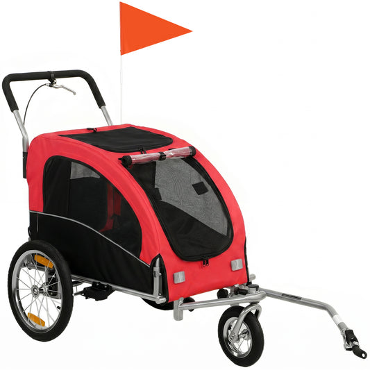 Dog Bike Trailer, 2-in-1 Pet Stroller Cart Bicycle Carrier, Folding Cart Frame with Suspension, Universal Bicycle Coupler, Reflectors, Flag, for Medium Dogs Up to 44 LBS, Red