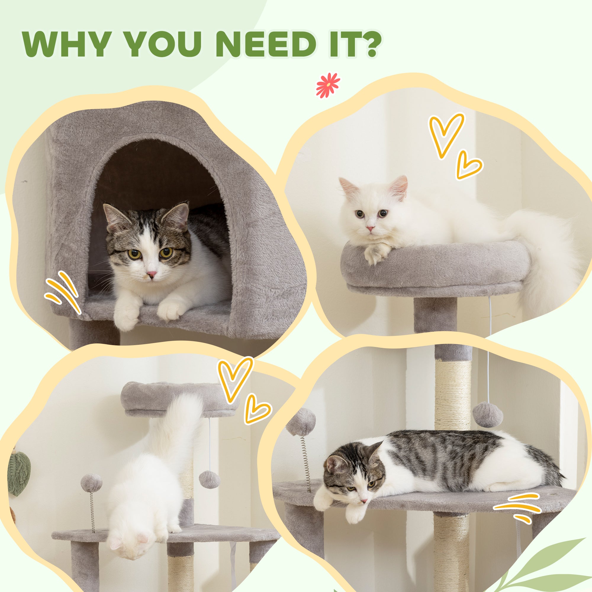54 Inch Cat Tree, Cat Tower for Indoor Kittens with Large Cozy Condo, Plush Top Perch, Sisal Scratching Posts, Dangling Toy Ball, Light Grey