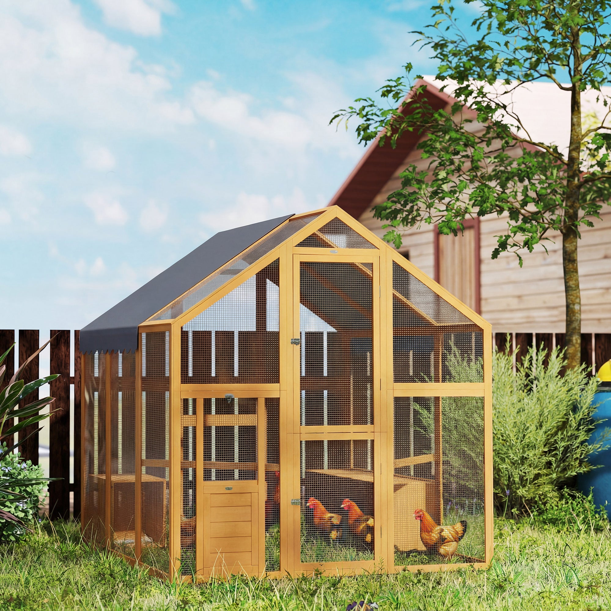 Large Wooden Chicken Coop for 6-8 Hens, Walk-in Chicken Run with Waterproof Cover, Nesting Boxes and Perches, Outdoor Poultry Cage Rabbit Hutch for Backyard, 66" x 72" x 72", Yellow