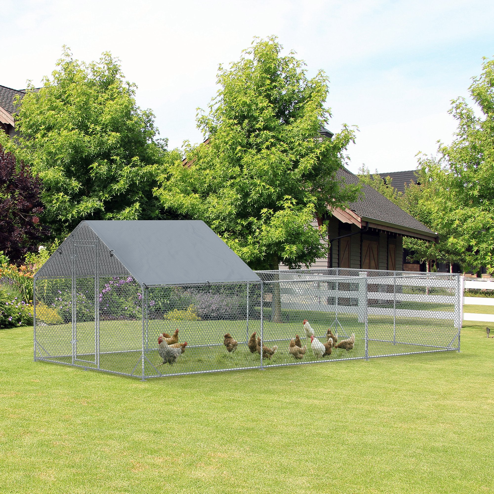 Large Metal Chicken Coop, Hen Run House with Anti-Ultraviolet Cover, Walk-in Poultry Cage for Ducks, Rabbits, Outdoor Backyard Farm, 19.7' x 9.8' x 6.4'