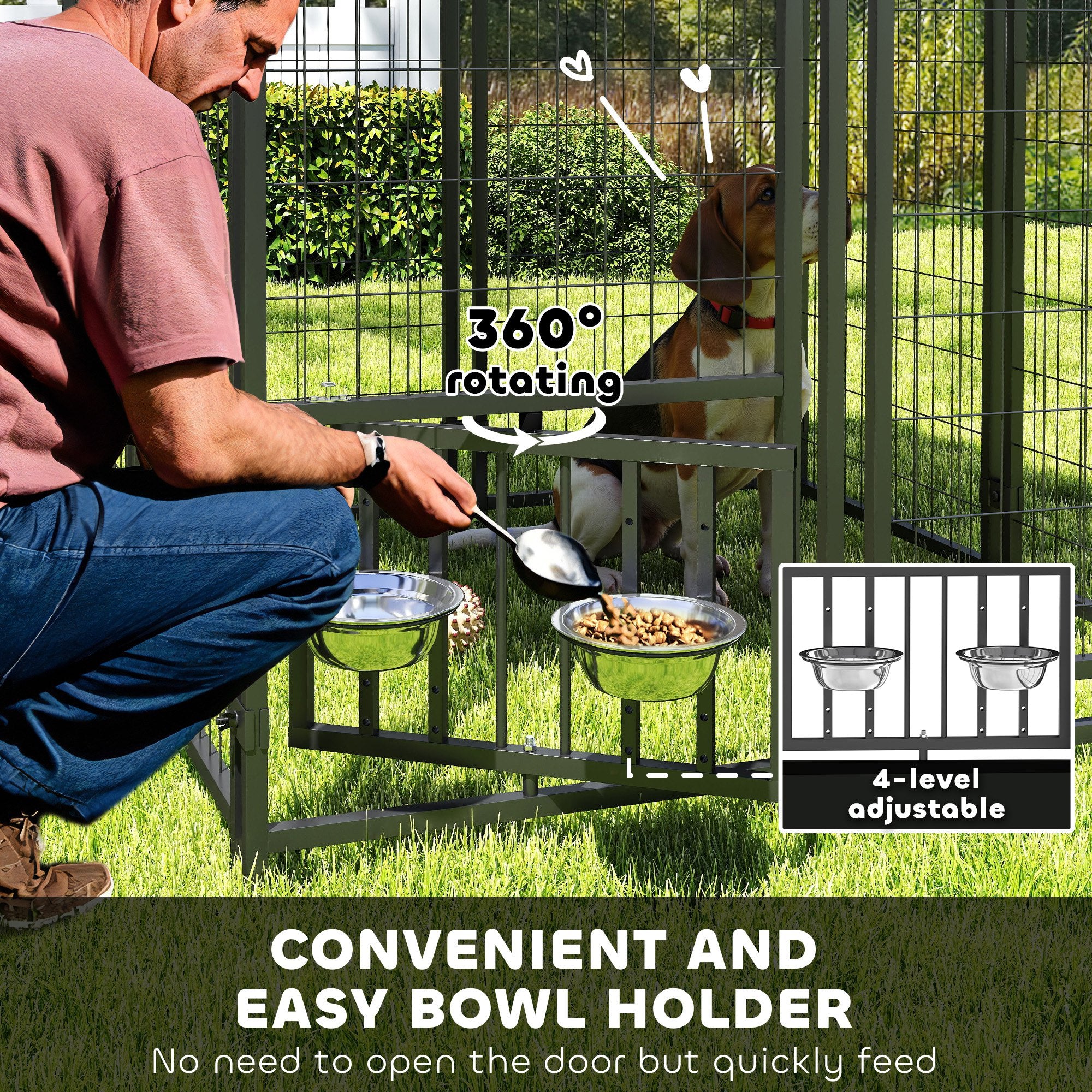 PawHut 3.9' x 3.9' x 6' Outdoor Dog Kennel, Welded Wire Heavy Duty Dog Run with 360° Rotating & 4 Level Adjustable Bowls, Dog Kennel Outside with Waterproof & UV Resistant Cover, for S&M Dogs