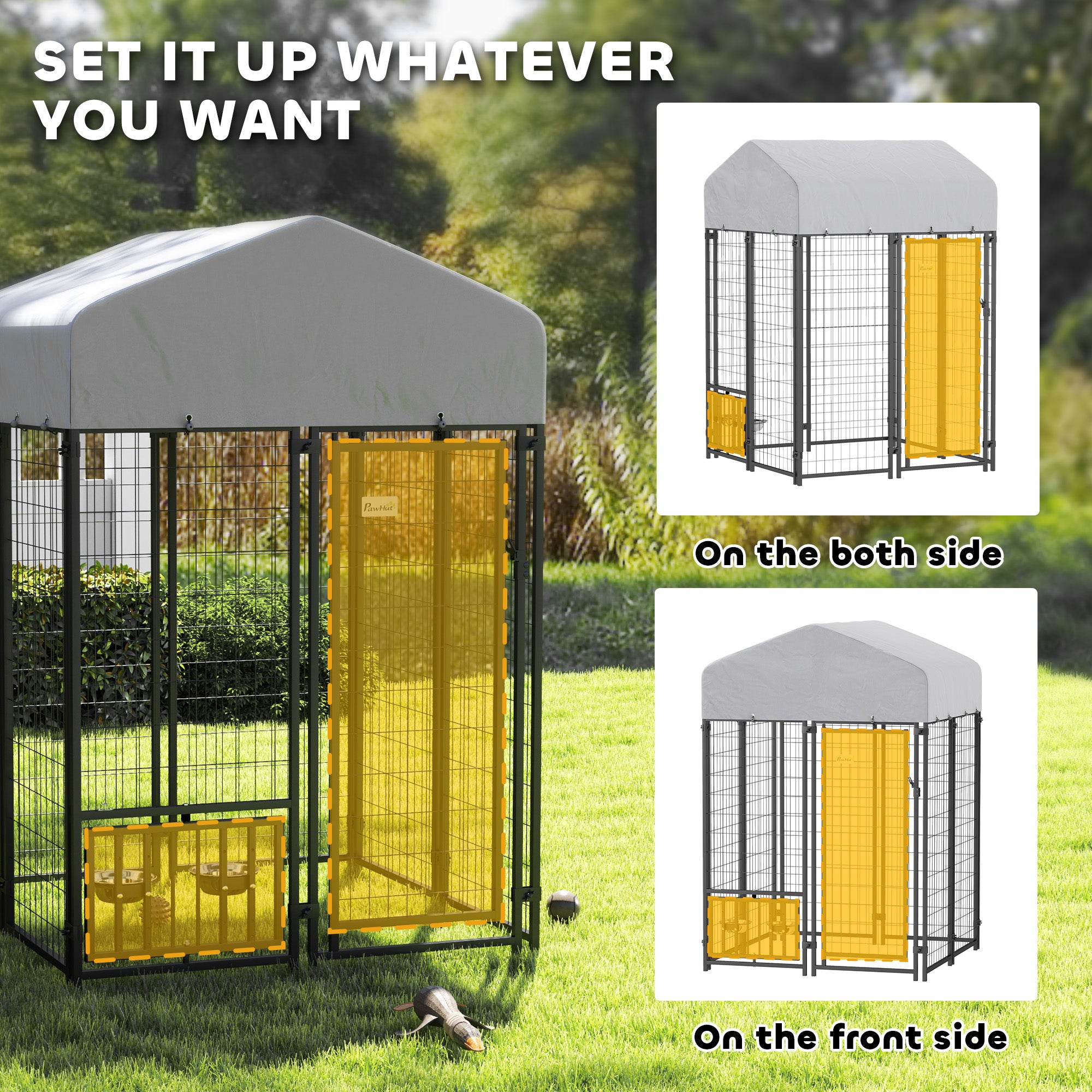PawHut 3.9' x 3.9' x 6' Outdoor Dog Kennel, Welded Wire Heavy Duty Dog Run with 360° Rotating & 4 Level Adjustable Bowls, Dog Kennel Outside with Waterproof & UV Resistant Cover, for S&M Dogs
