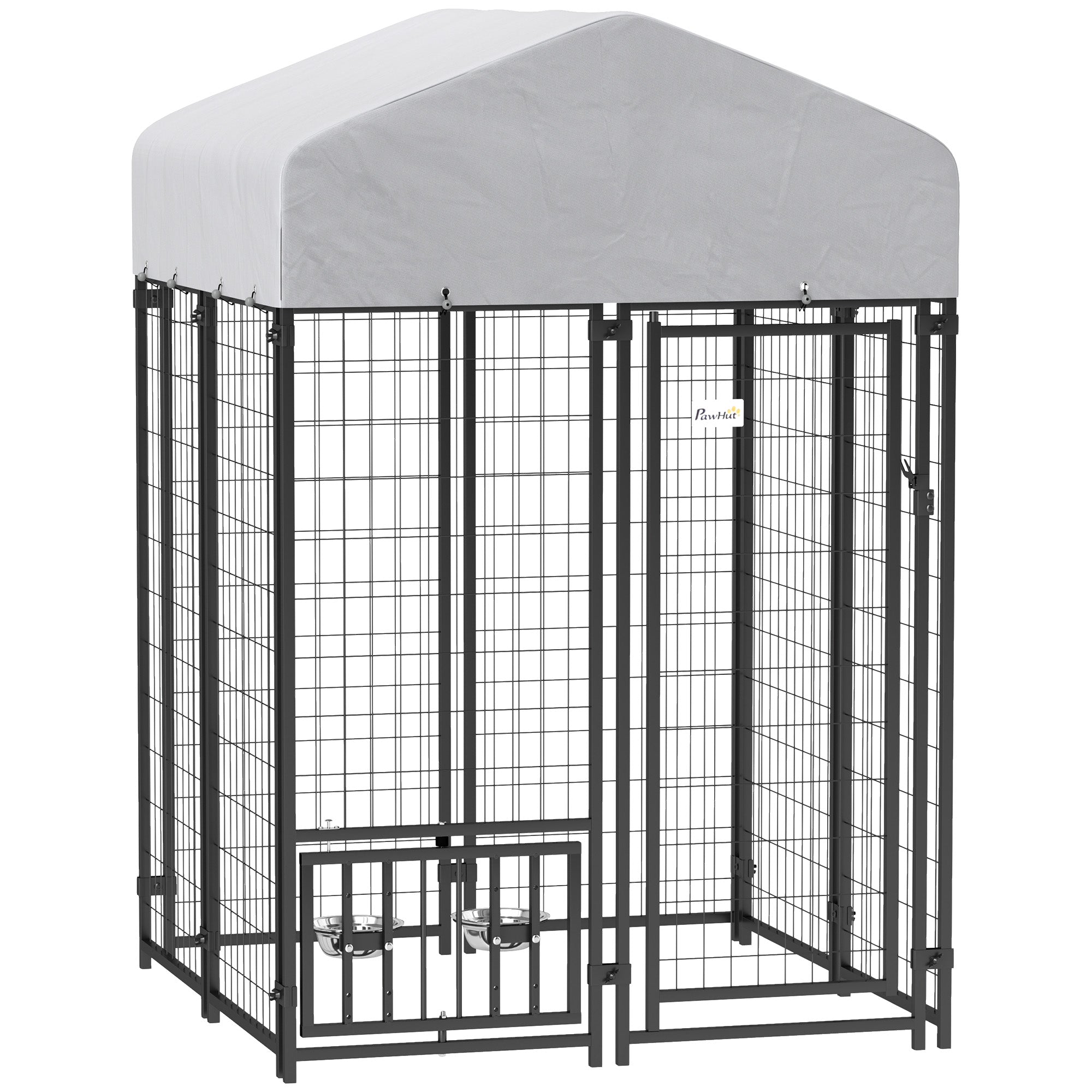 PawHut 3.9' x 3.9' x 6' Outdoor Dog Kennel, Welded Wire Heavy Duty Dog Run with 360° Rotating & 4 Level Adjustable Bowls, Dog Kennel Outside with Waterproof & UV Resistant Cover, for S&M Dogs
