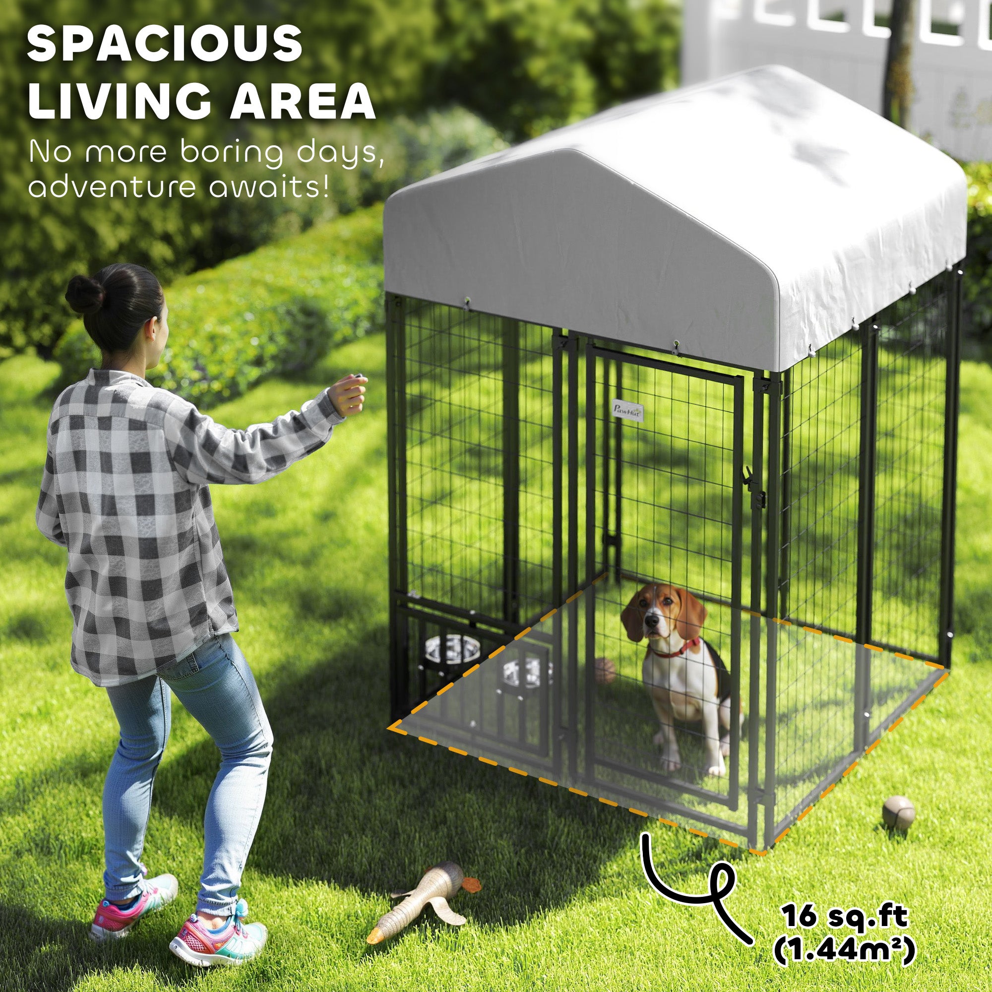 PawHut 3.9' x 3.9' x 6' Outdoor Dog Kennel, Welded Wire Heavy Duty Dog Run with 360° Rotating & 4 Level Adjustable Bowls, Dog Kennel Outside with Waterproof & UV Resistant Cover, for S&M Dogs