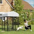 Load image into Gallery viewer, PawHut 3.9' x 3.9' x 6' Outdoor Dog Kennel, Welded Wire Heavy Duty Dog Run with 360° Rotating & 4 Level Adjustable Bowls, Dog Kennel Outside with Waterproof & UV Resistant Cover, for S&M Dogs
