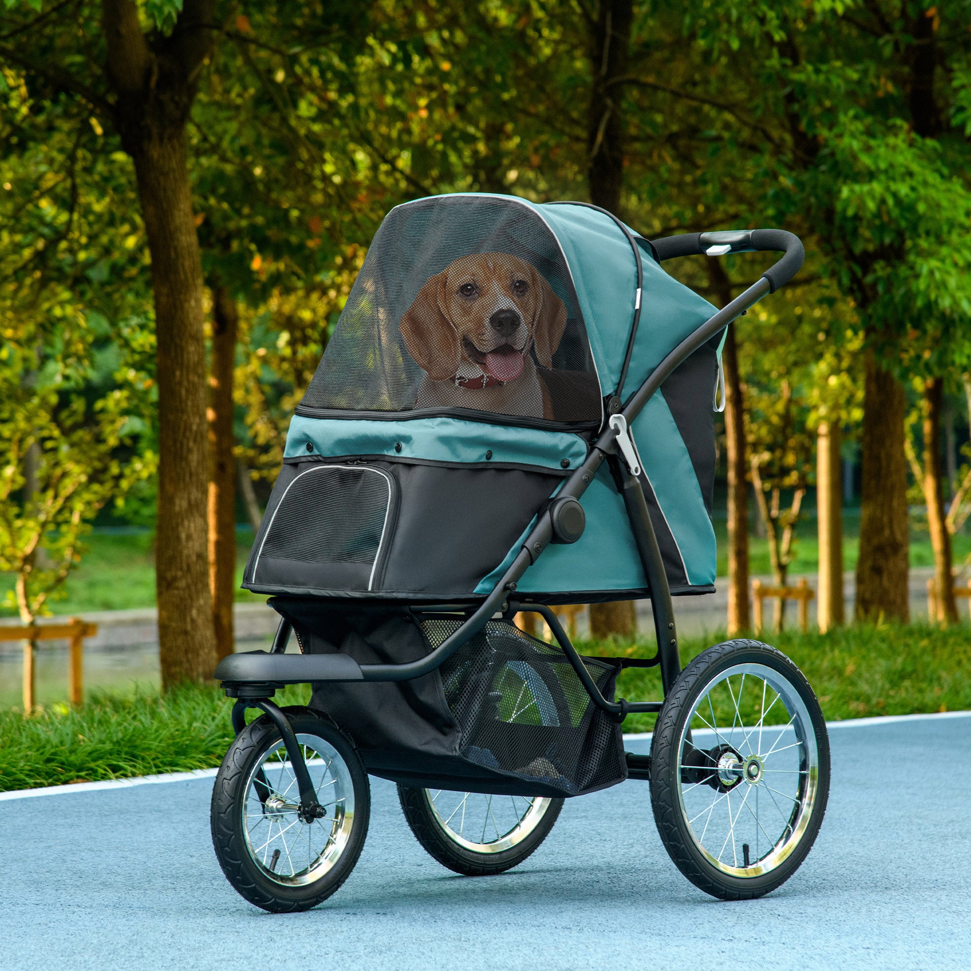 3 Wheels Pet Stroller, Foldable Dog Stroller with Adjustable Canopy, Safety Tether, Cushion, Storage Basket, Portable Jogger for Small and Medium Dogs and Cats, Dark Green