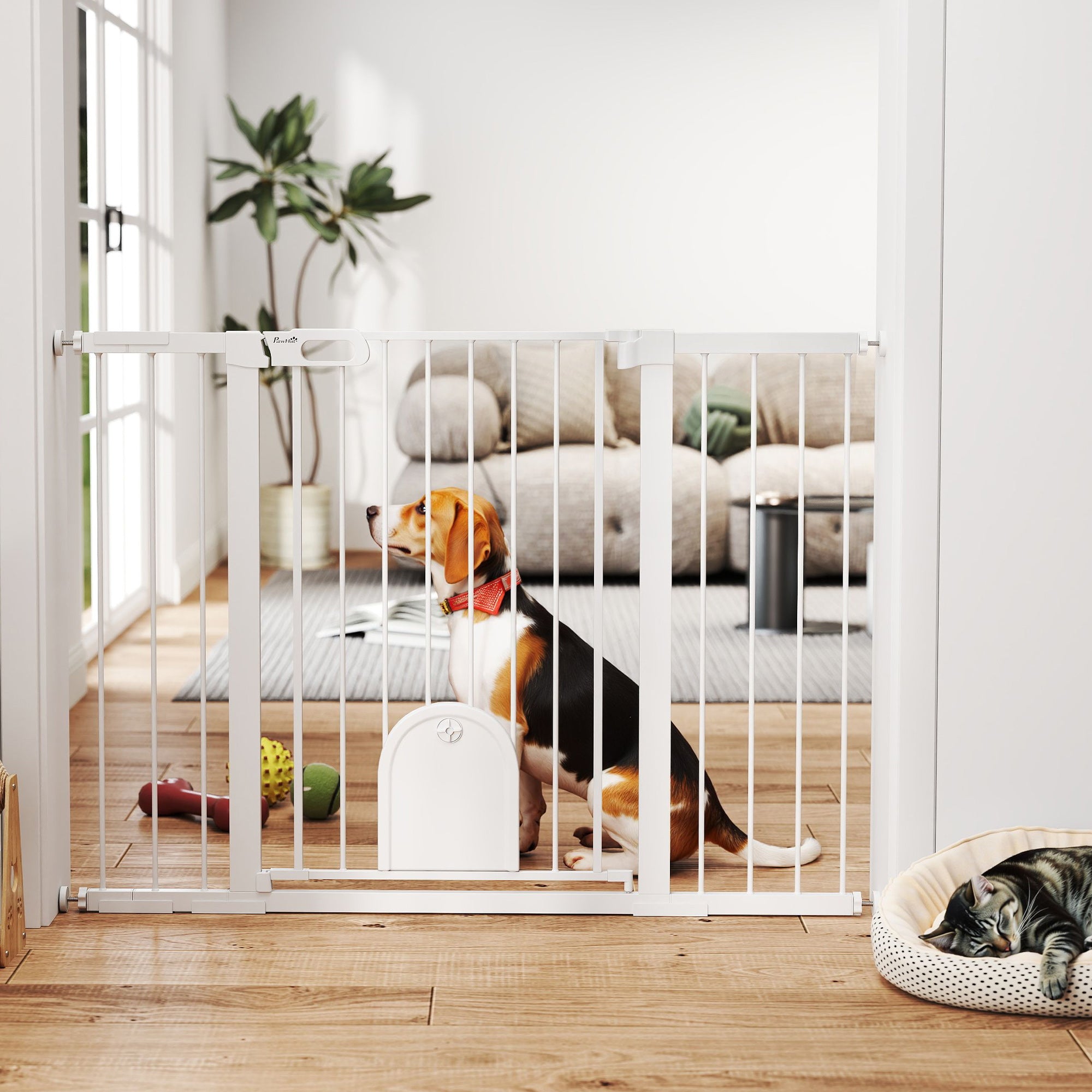 30"-52" Extra Wide Pet Gate with Small Door, 35"H Dog Gate with Safety Gate Barrier, Stair Pressure Fit, Auto Close, Double Locking, for Doorways, Hallways, White