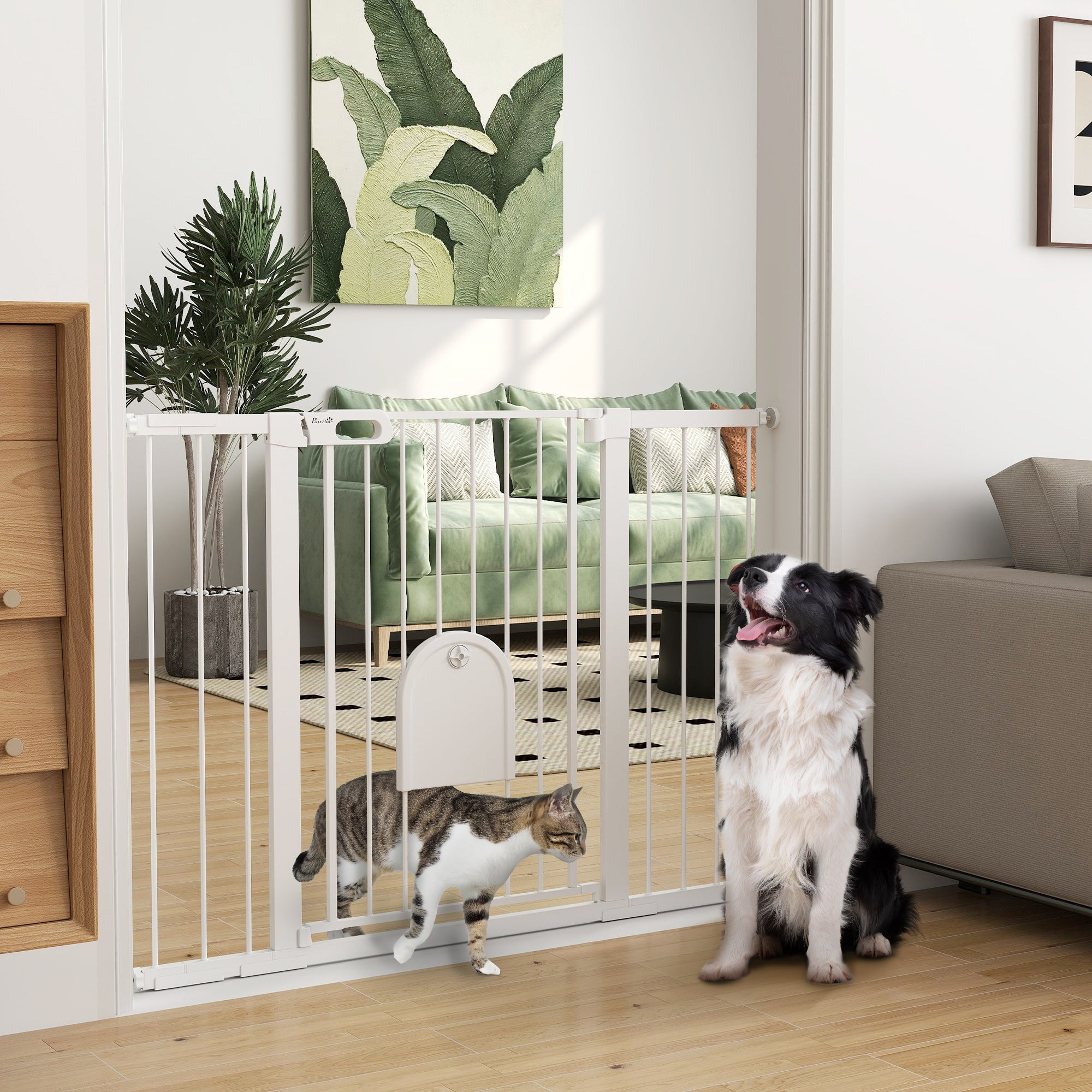 30"-52" Extra Wide Pet Gate with Small Door, 35"H Dog Gate with Safety Gate Barrier, Stair Pressure Fit, Auto Close, Double Locking, for Doorways, Hallways, White