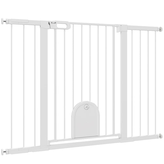 30"-52" Extra Wide Pet Gate with Small Door, 35"H Dog Gate with Safety Gate Barrier, Stair Pressure Fit, Auto Close, Double Locking, for Doorways, Hallways, White