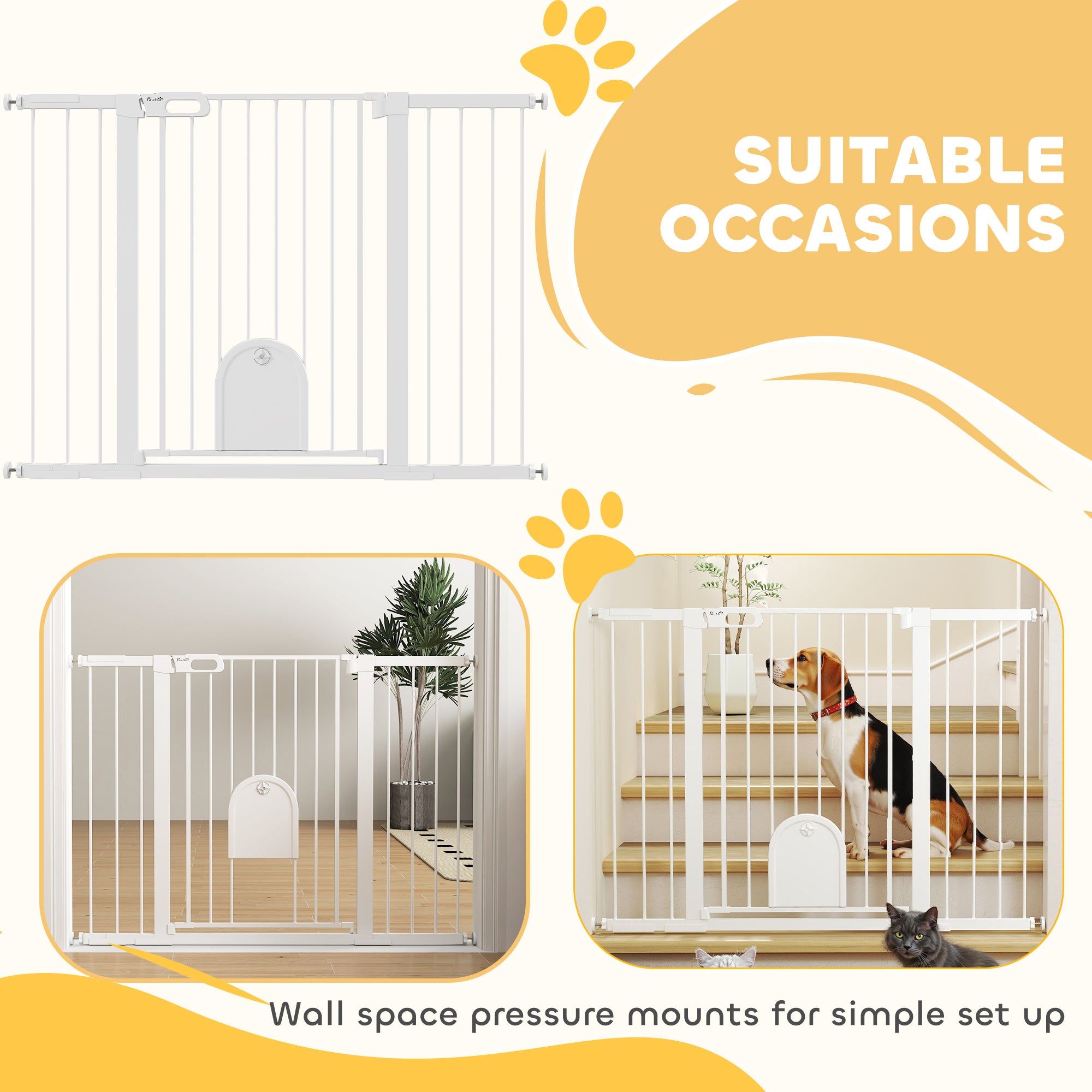 30"-52" Extra Wide Pet Gate with Small Door, 35"H Dog Gate with Safety Gate Barrier, Stair Pressure Fit, Auto Close, Double Locking, for Doorways, Hallways, White