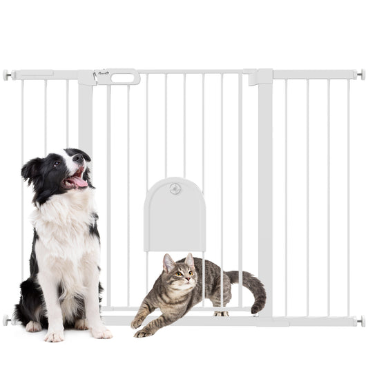 30"-52" Extra Wide Pet Gate with Small Door, 35"H Dog Gate with Safety Gate Barrier, Stair Pressure Fit, Auto Close, Double Locking, for Doorways, Hallways, White