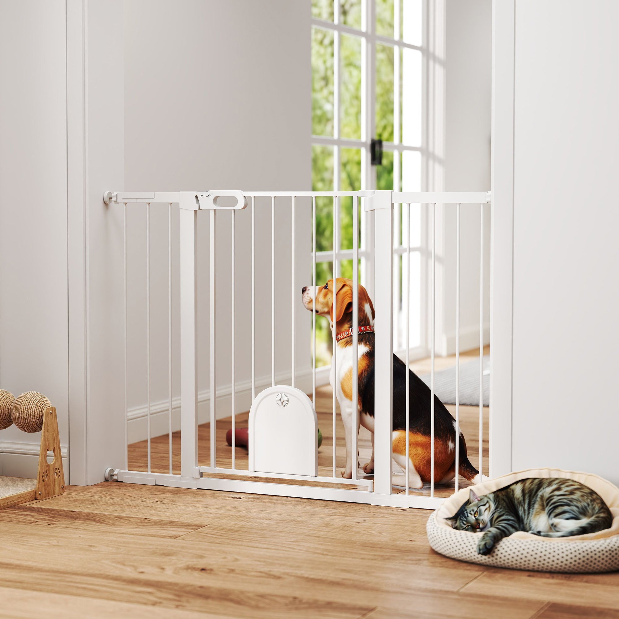 30"-52" Extra Wide Pet Gate with Small Door, 35"H Dog Gate with Safety Gate Barrier, Stair Pressure Fit, Auto Close, Double Locking, for Doorways, Hallways, White