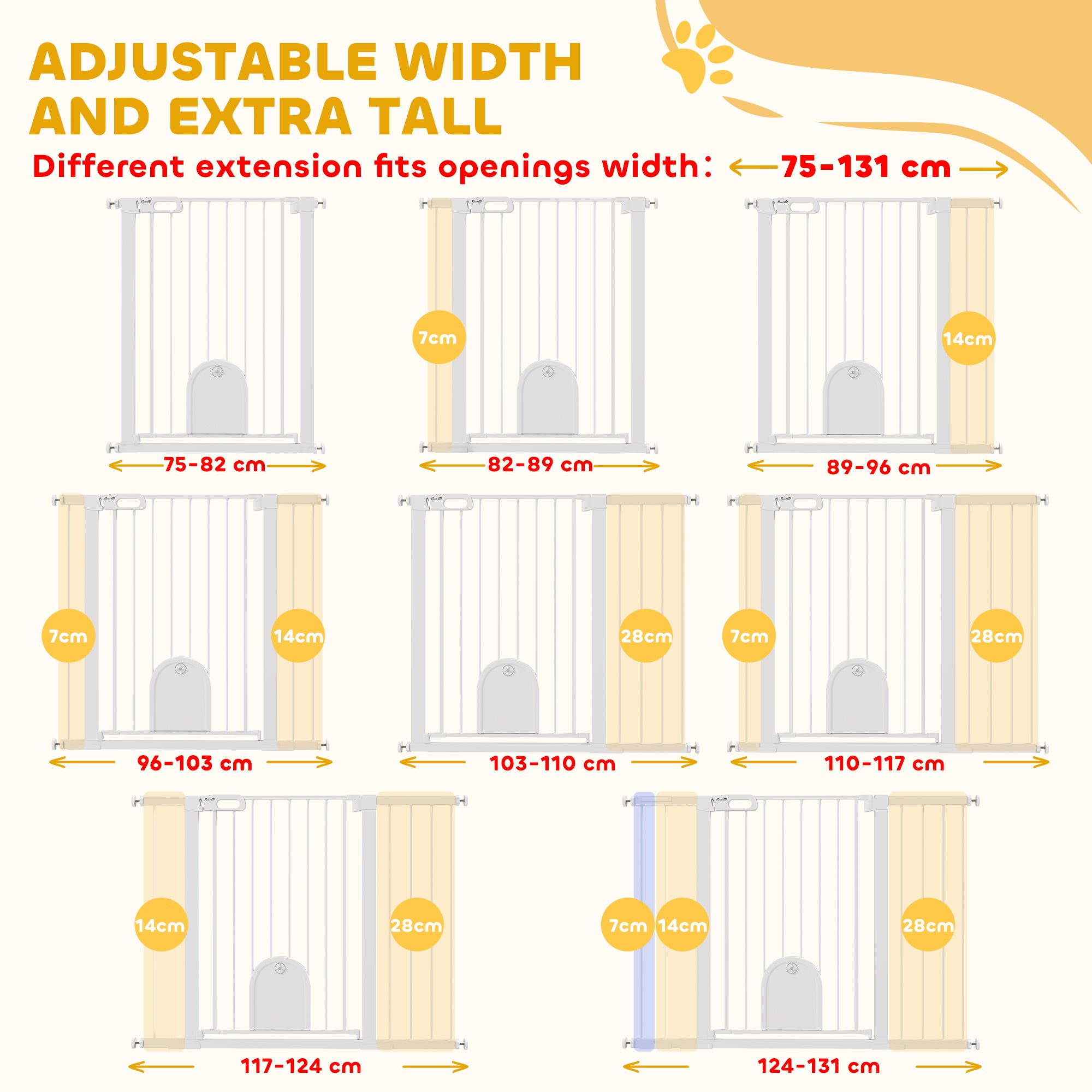 30"-52" Extra Wide Pet Gate with Small Door, 35"H Dog Gate with Safety Gate Barrier, Stair Pressure Fit, Auto Close, Double Locking, for Doorways, Hallways, White