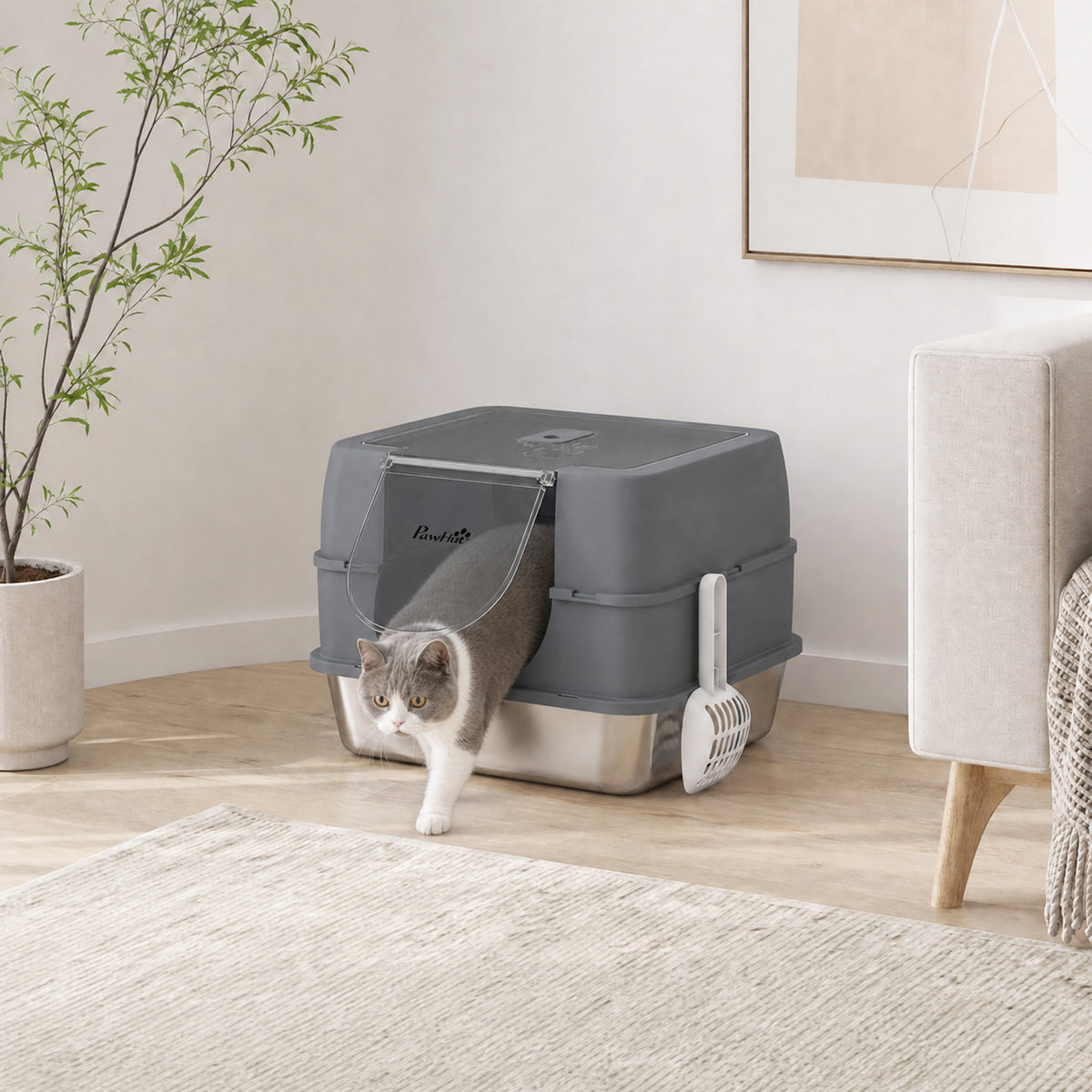 Stainless Steel Cat Litter Box with Lid, High Sided Enclosed Litter Box with Removable Lid, Tray, Scoop, Easy to Clean, Odor Control, Anti-Leakage, Grey