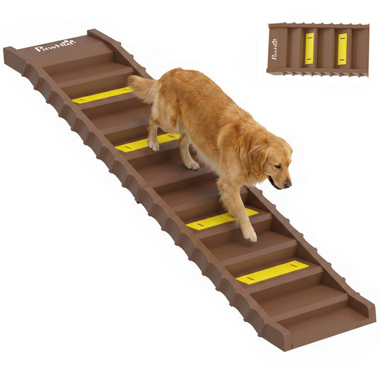 Foldable Dog Ramp for Cars High Bed, Portable 10-Step Dog Stairs with Non-Slip Strips & Pads, Lightweight Pet SUV Truck Steps, Support Up to 68 KG, Brown