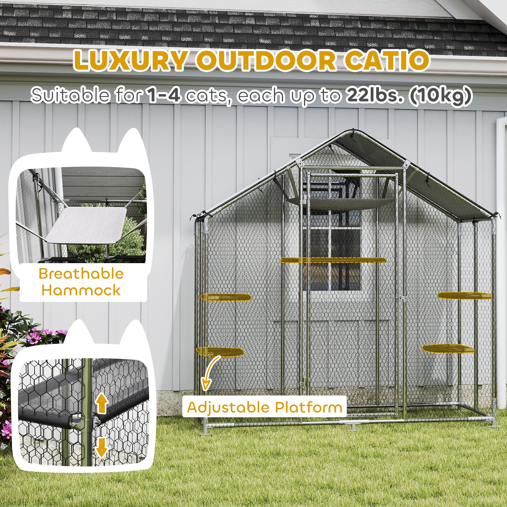Large Catio Outdoor Cat Enclosure, Galvanized Steel Walk-in Cat Patio for Multiple Kittens, Outdoor Kitty Cage with Waterproof Cover, 5 Adjustable Platforms, Hammock, Metal Chicken Coop Run