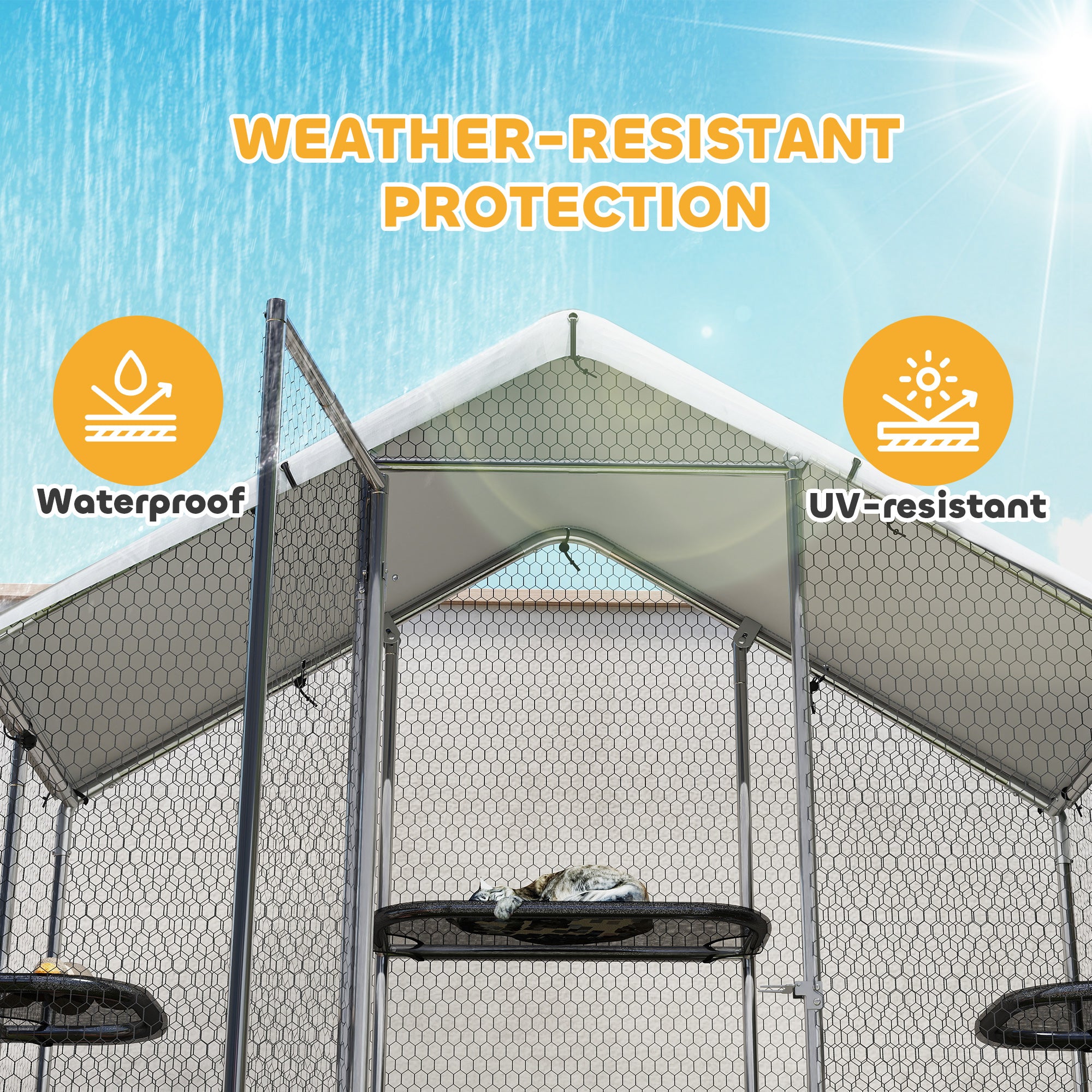 Large Catio Outdoor Cat Enclosure, Galvanized Steel Walk-in Cat Patio for Multiple Kittens, Outdoor Kitty Cage with Waterproof Cover, 5 Adjustable Platforms, Hammock, Metal Chicken Coop Run