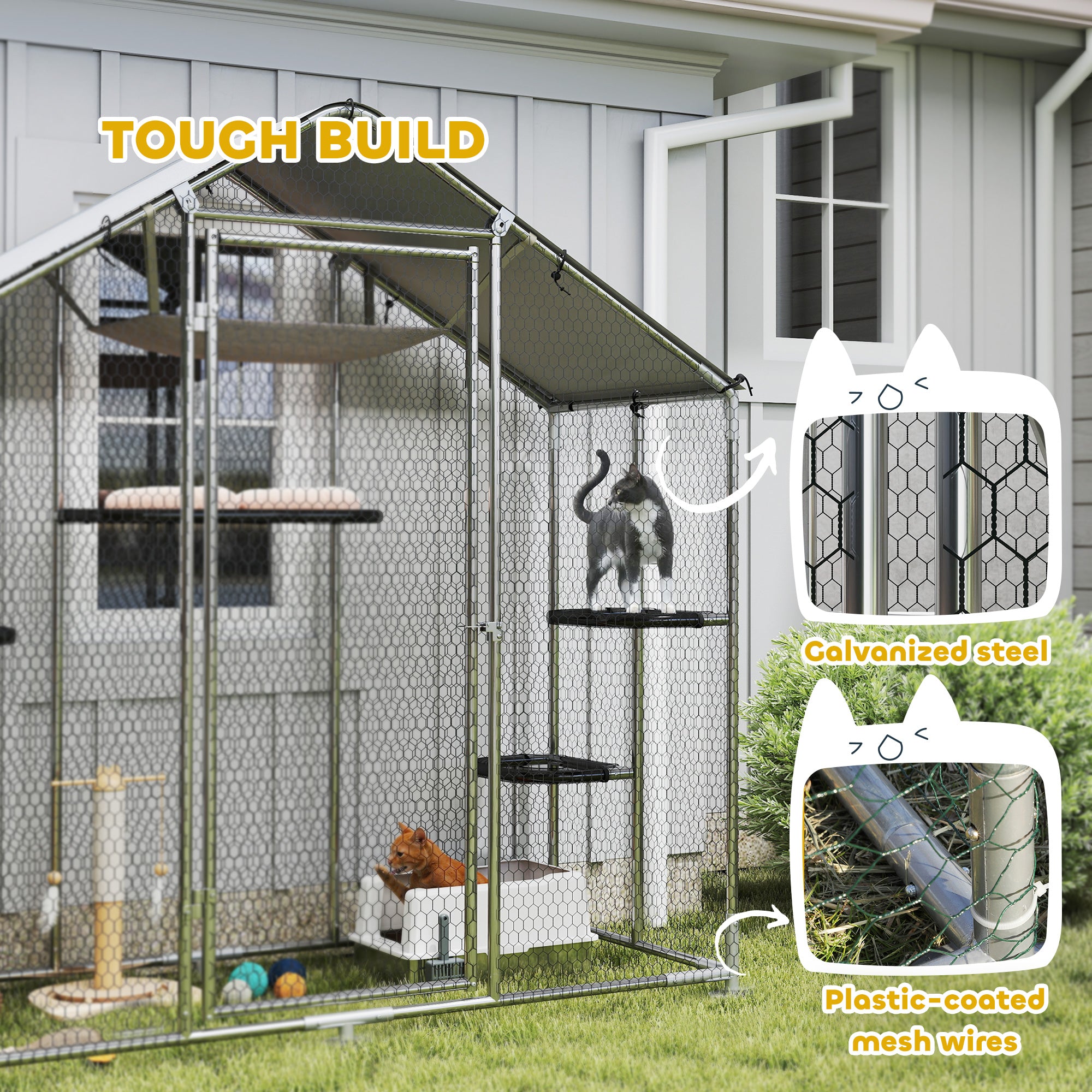 Large Catio Outdoor Cat Enclosure, Galvanized Steel Walk-in Cat Patio for Multiple Kittens, Outdoor Kitty Cage with Waterproof Cover, 5 Adjustable Platforms, Hammock, Metal Chicken Coop Run