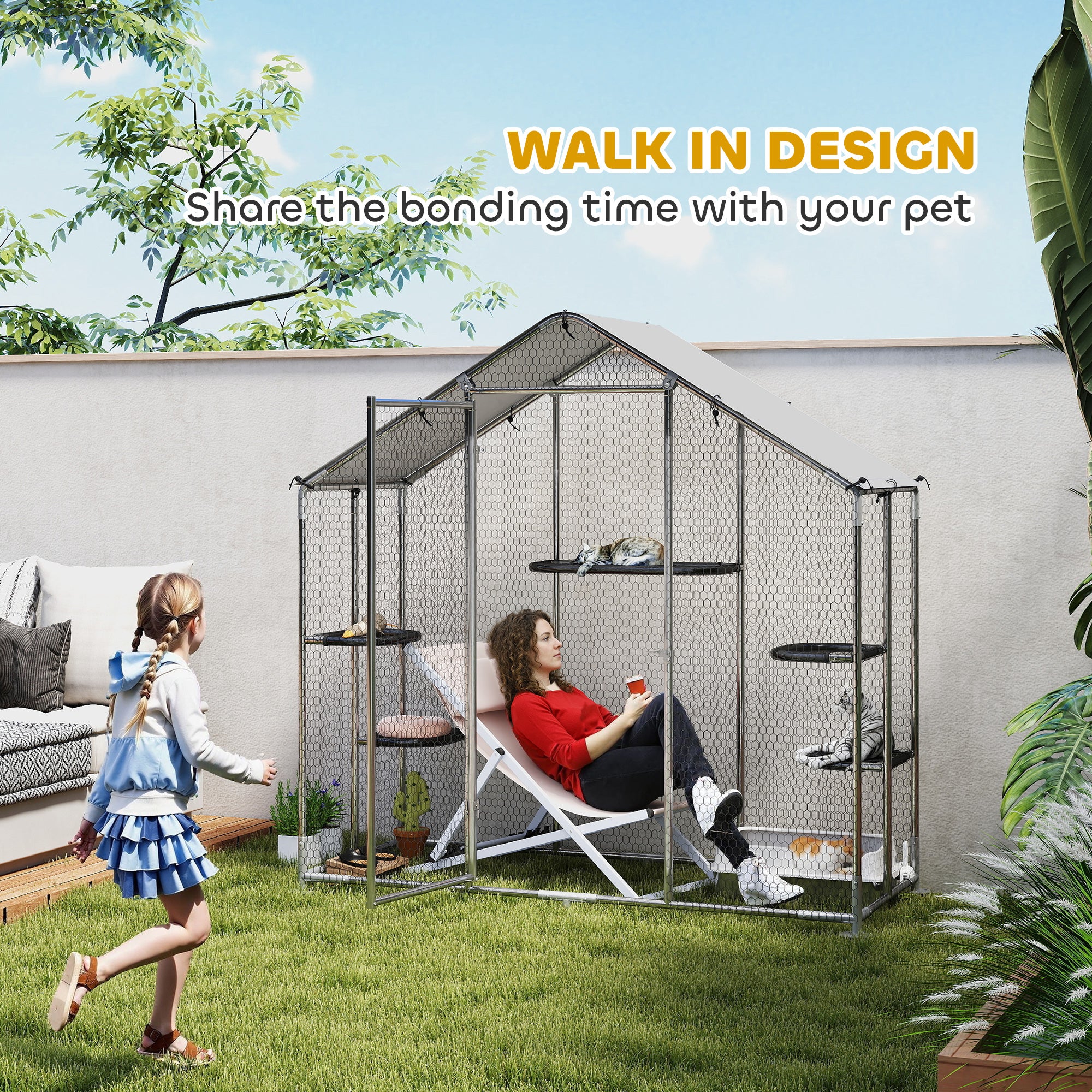 Large Catio Outdoor Cat Enclosure, Galvanized Steel Walk-in Cat Patio for Multiple Kittens, Outdoor Kitty Cage with Waterproof Cover, 5 Adjustable Platforms, Hammock, Metal Chicken Coop Run