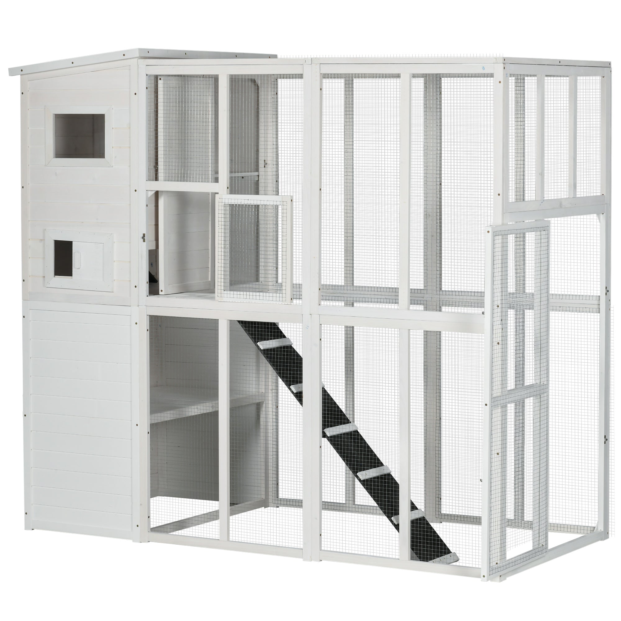Large Catio Outdoor Cat Enclosure Weatherproof Cat House with Cat Condo, Indoor Wooden Cat Cage Pet Kennel, 77"L x 38"W x 69"H, White