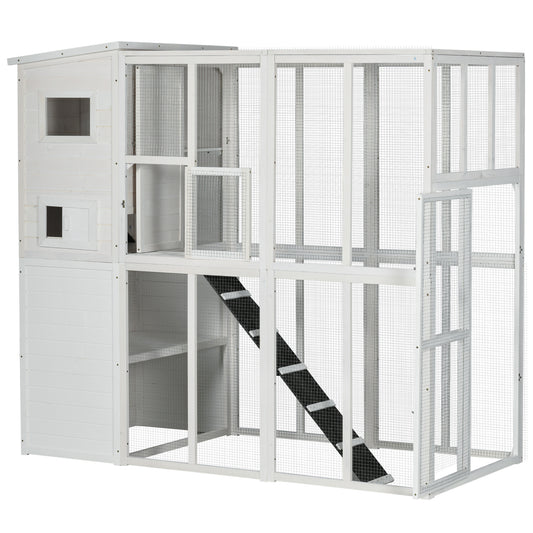 Large Catio Outdoor Cat Enclosure Weatherproof Cat House with Cat Condo, Indoor Wooden Cat Cage Pet Kennel, 77"L x 38"W x 69"H, White