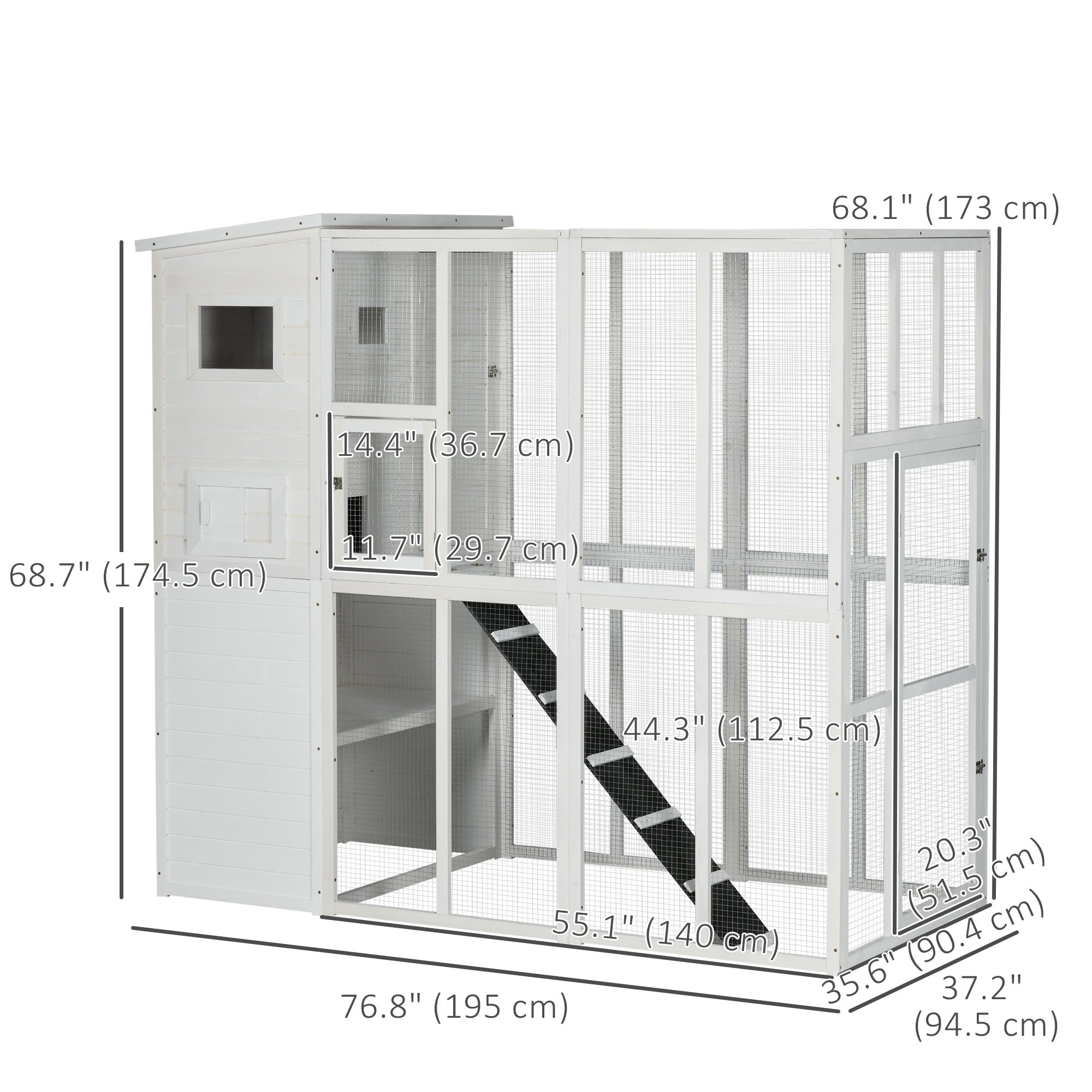 Large Catio Outdoor Cat Enclosure Weatherproof Cat House with Cat Condo, Indoor Wooden Cat Cage Pet Kennel, 77"L x 38"W x 69"H, White