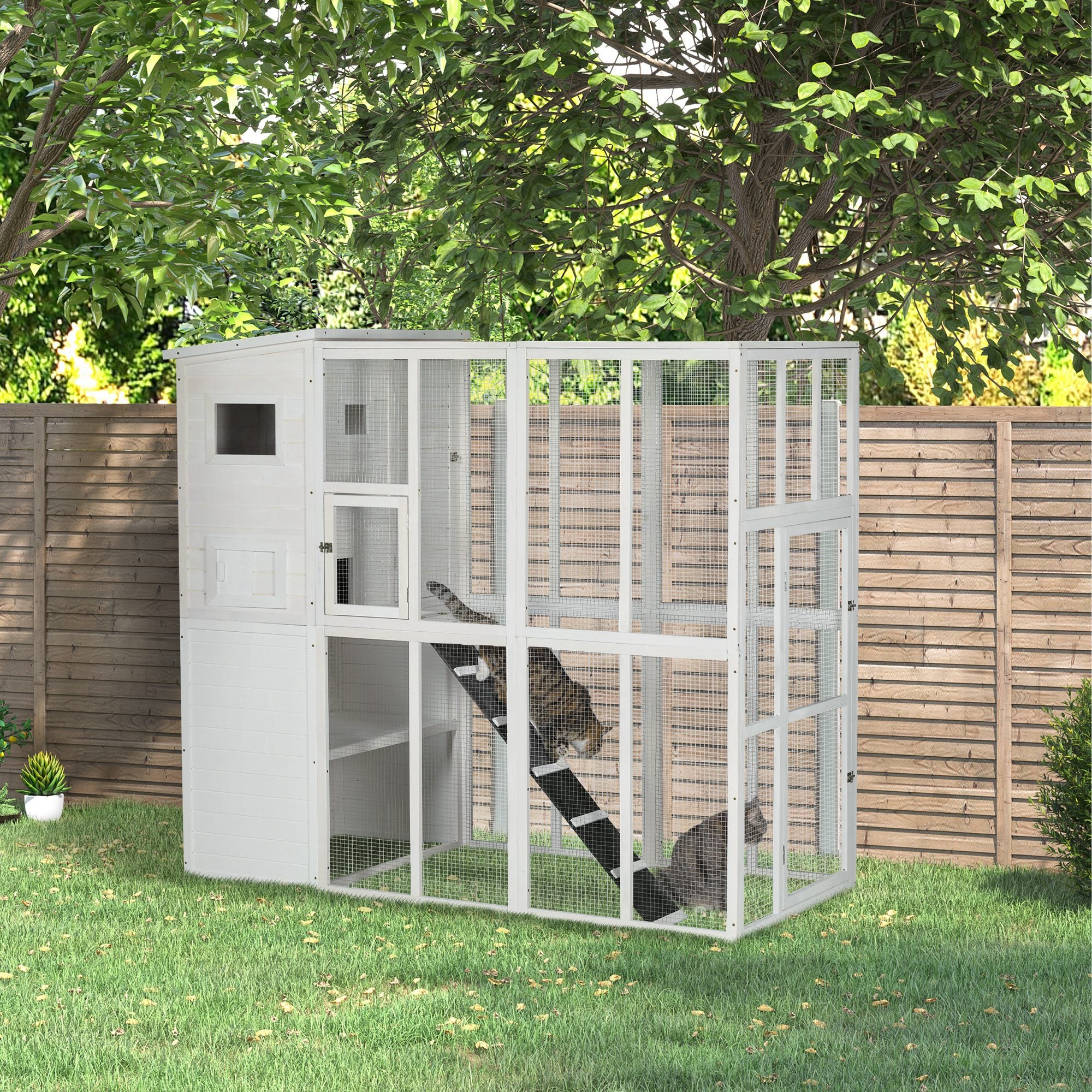 Large Catio Outdoor Cat Enclosure Weatherproof Cat House with Cat Condo, Indoor Wooden Cat Cage Pet Kennel, 77"L x 38"W x 69"H, White