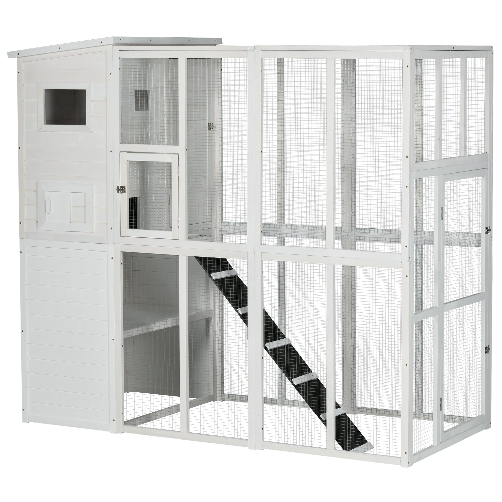 Large Catio Outdoor Cat Enclosure Weatherproof Cat House with Cat Condo, Indoor Wooden Cat Cage Pet Kennel, 77"L x 38"W x 69"H, White