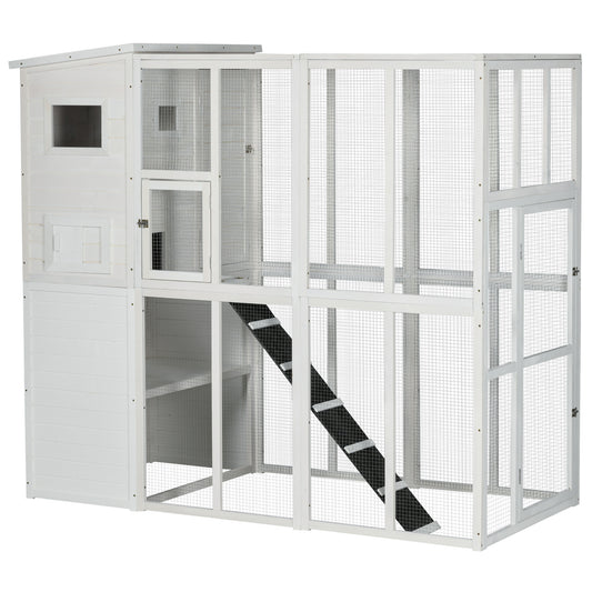 Large Catio Outdoor Cat Enclosure Weatherproof Cat House with Cat Condo, Indoor Wooden Cat Cage Pet Kennel, 77"L x 38"W x 69"H, White