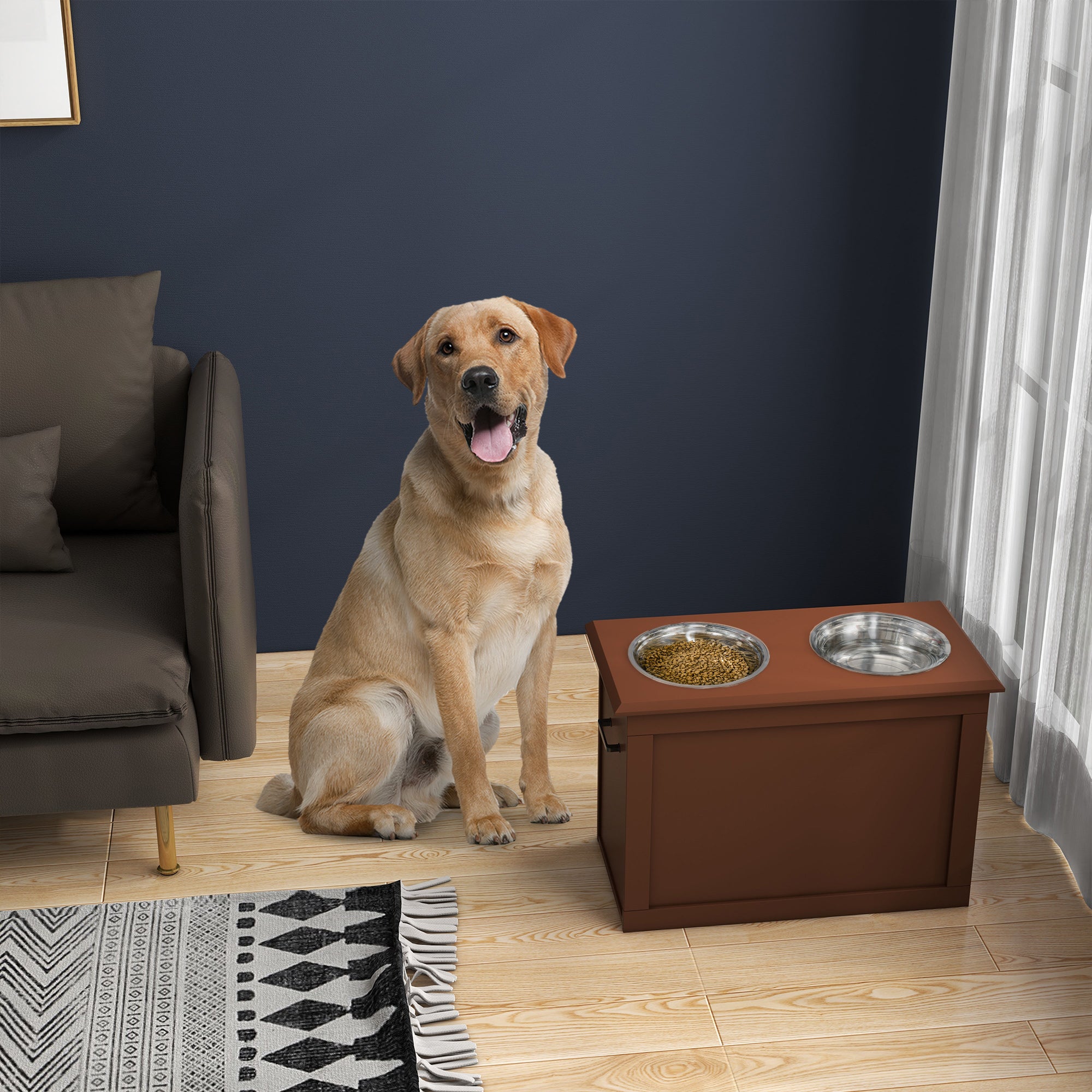 Elevated Dog Bowls for Large Dogs with Storage Dog Pet Diner Function 2 Stainless Steel Dog Bowls Elevated Base for Big-sized Dogs and Other Large Pets, Brown