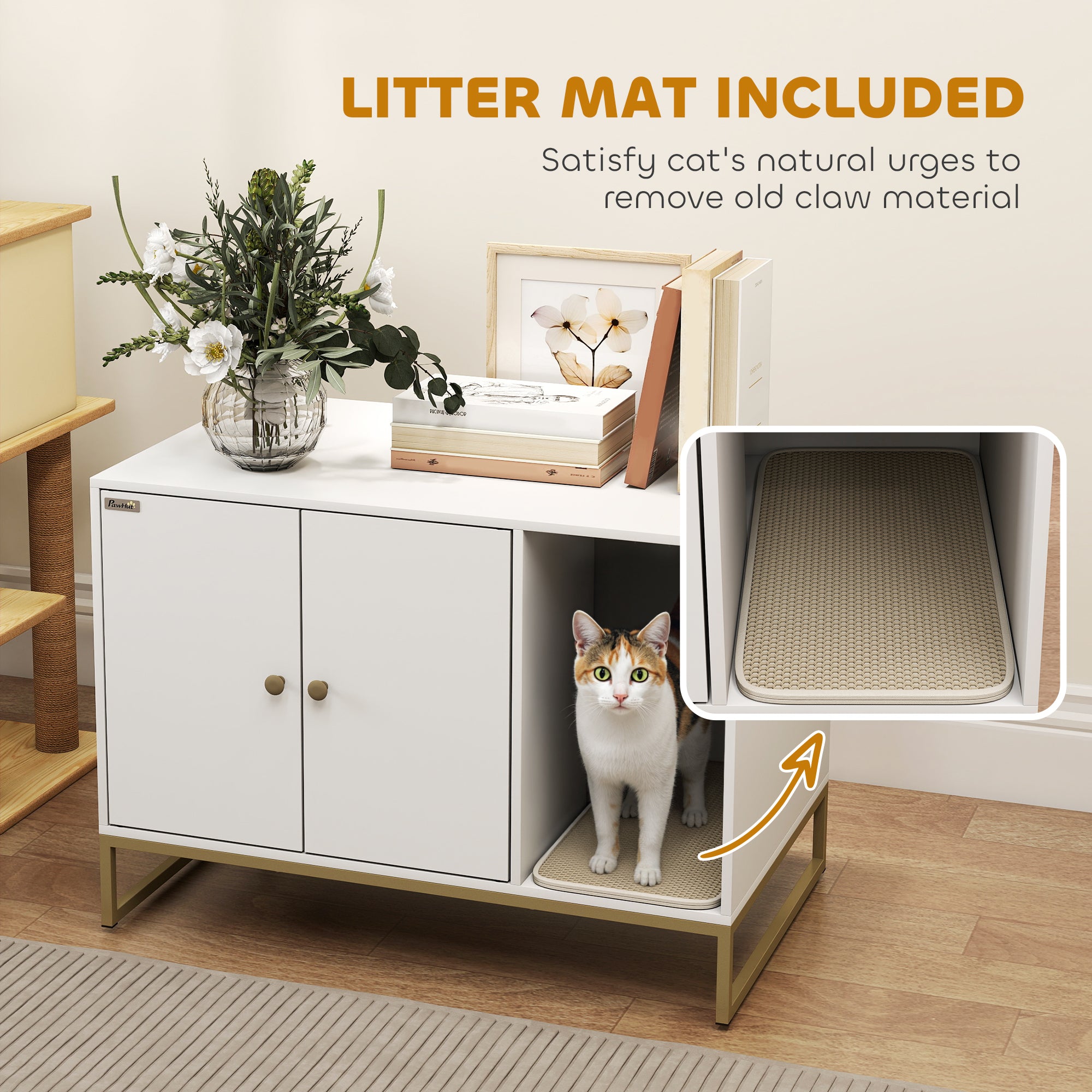 Cat Litter Box Enclosure, Hidden Litter Box Furniture with Litter Mat, Tall Legs, Cat House Washroom, Side Table, 31.5" x 20" x 22", White