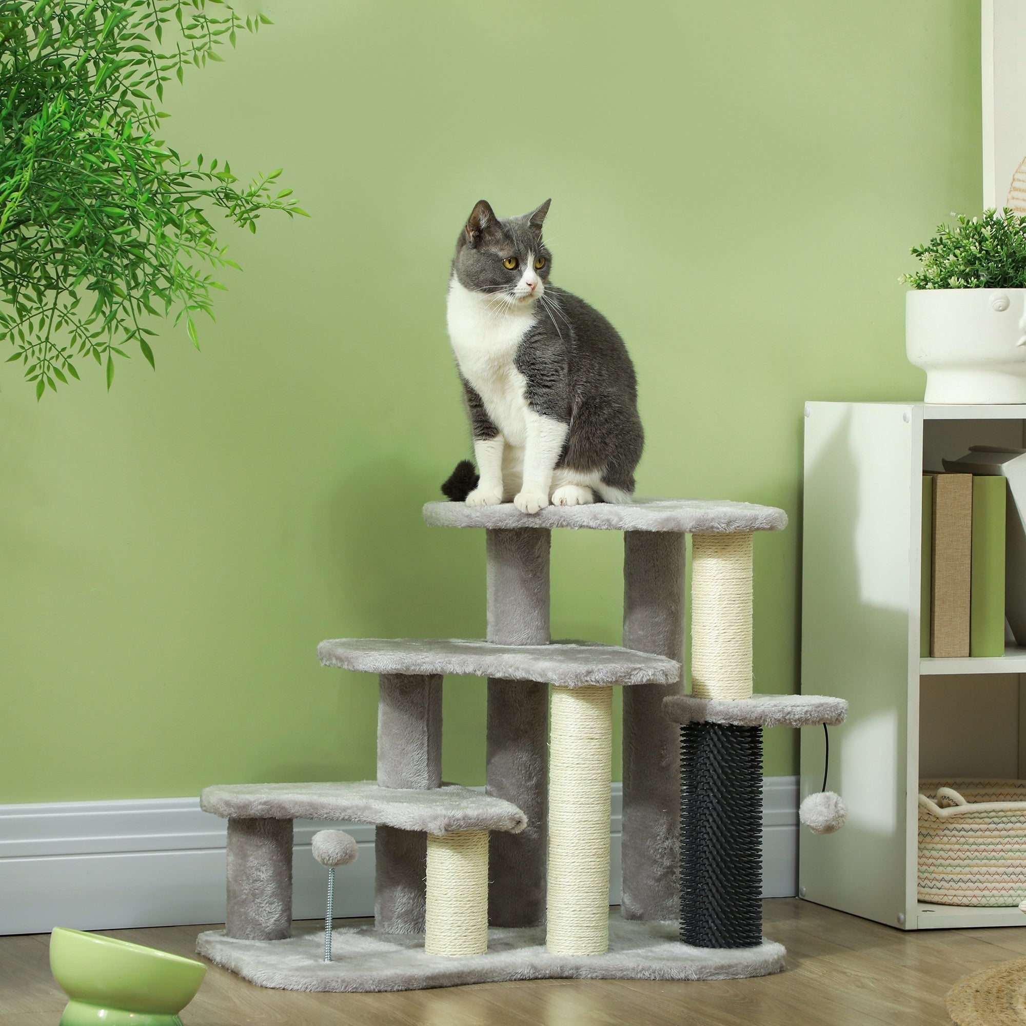 20" Pet Stairs for Cats, 2 in 1 Cat Tree Tower 3-Step Cat Steps with Scratching Posts, Tickling Post, Toy Balls, for High Beds, Couch, Sofa, Light Gray