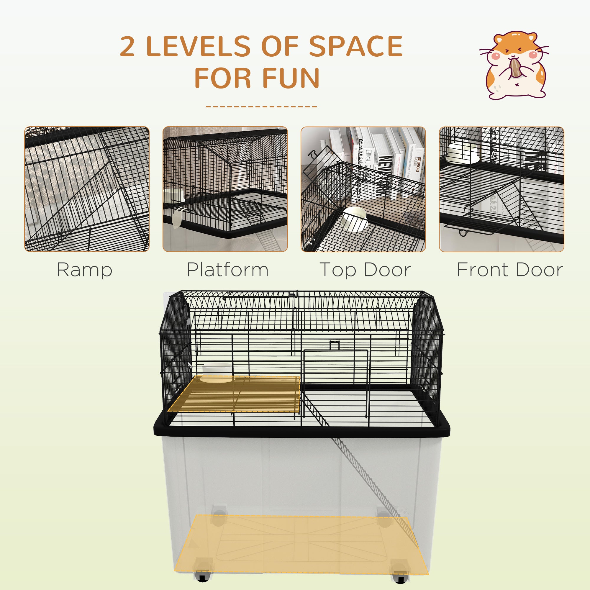 PawHut Hamster Cage, Gerbil Cage 2 Tier with Wheels, Deep Bottom, Ramp, Food Dish, Water Bottle, for Dwarf Hamster, Syrian Hamster, 57 x 43 x 57cm - Black