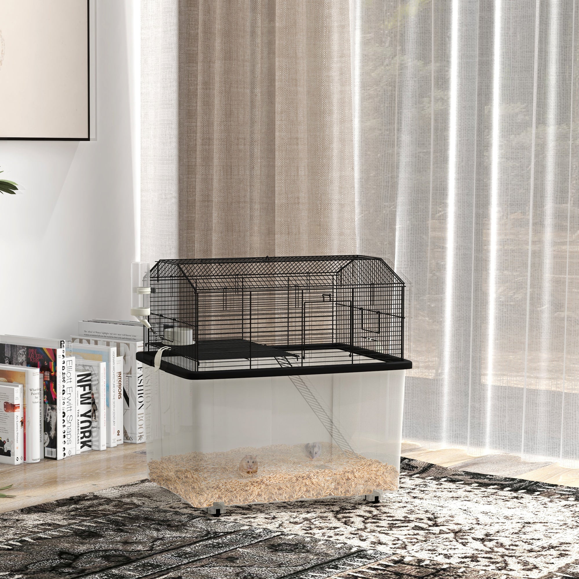 PawHut Hamster Cage, Gerbil Cage 2 Tier with Wheels, Deep Bottom, Ramp, Food Dish, Water Bottle, for Dwarf Hamster, Syrian Hamster, 57 x 43 x 57cm - Black