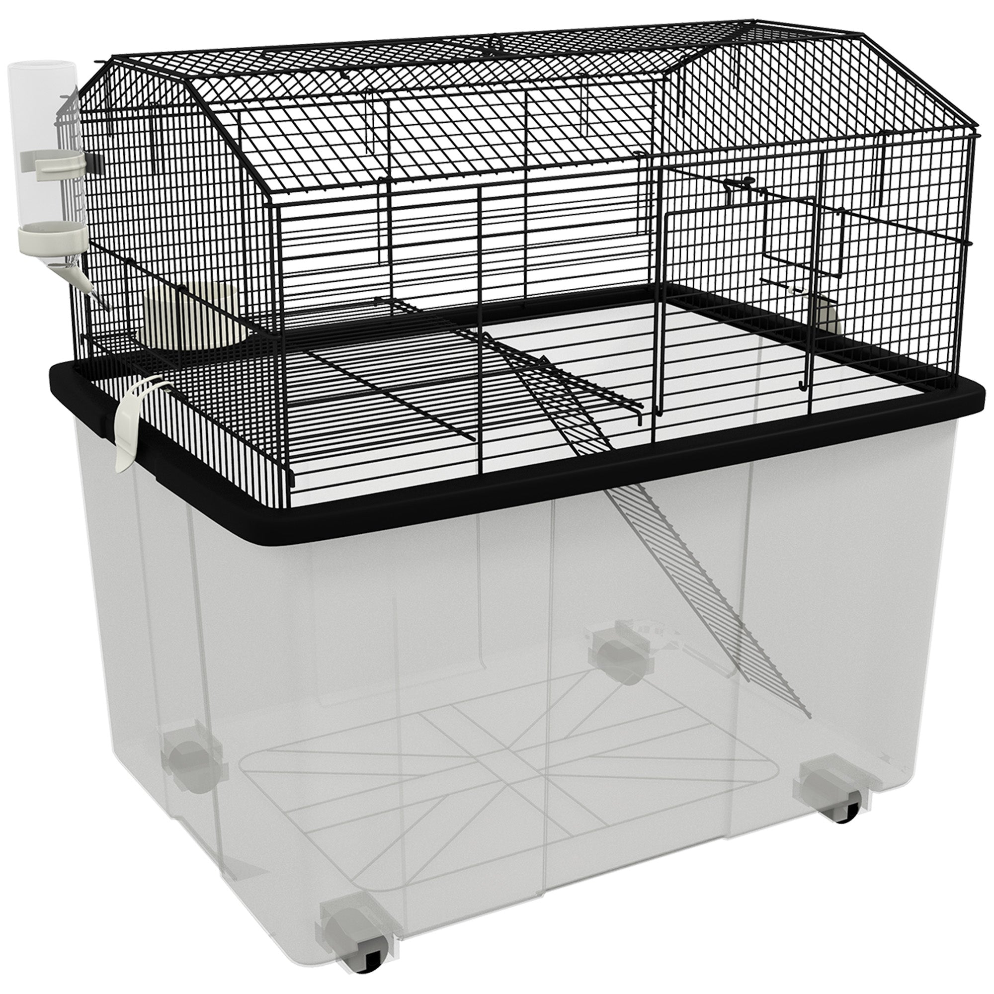 PawHut Hamster Cage, Gerbil Cage 2 Tier with Wheels, Deep Bottom, Ramp, Food Dish, Water Bottle, for Dwarf Hamster, Syrian Hamster, 57 x 43 x 57cm - Black