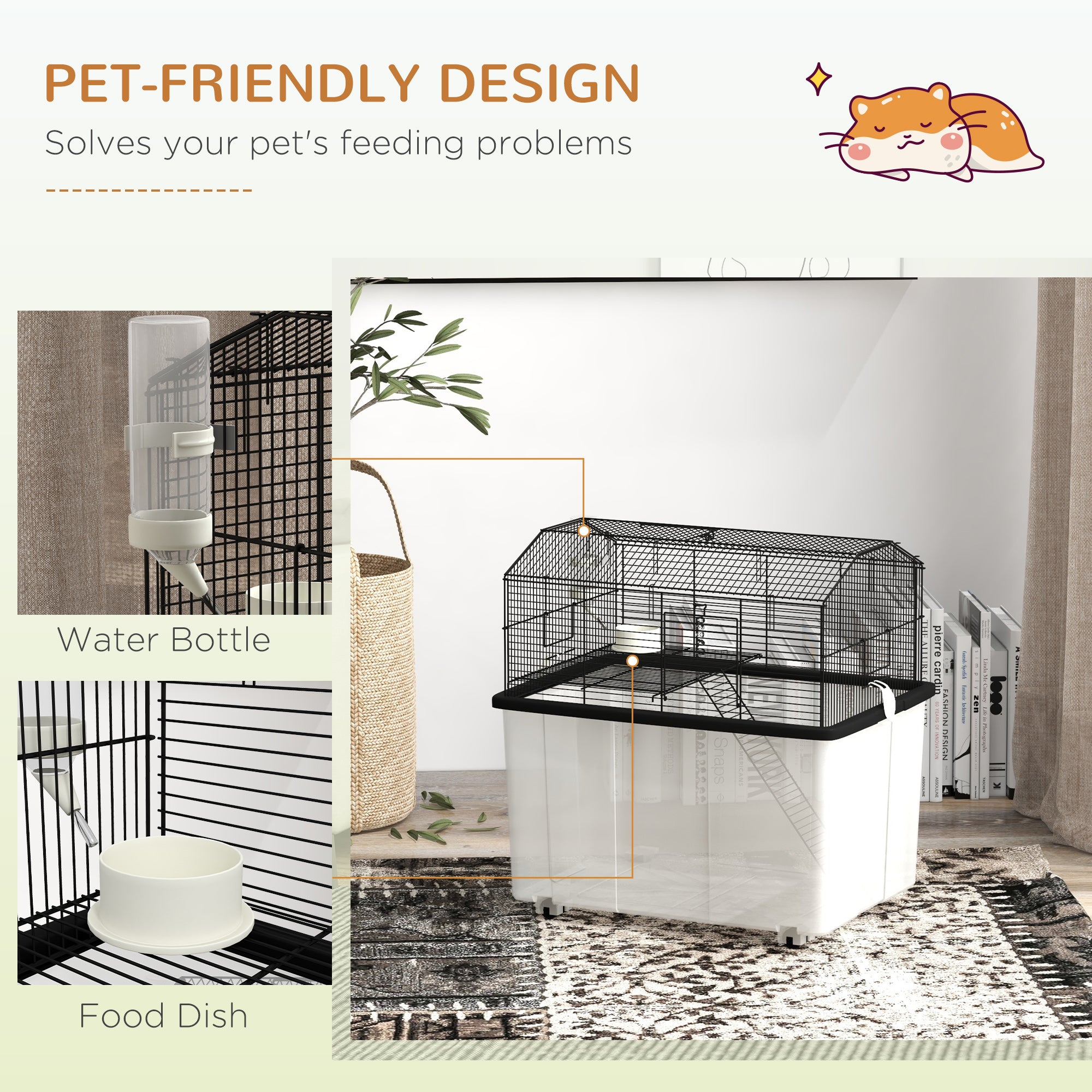 PawHut Hamster Cage, Gerbil Cage 2 Tier with Wheels, Deep Bottom, Ramp, Food Dish, Water Bottle, for Dwarf Hamster, Syrian Hamster, 57 x 43 x 57cm - Black